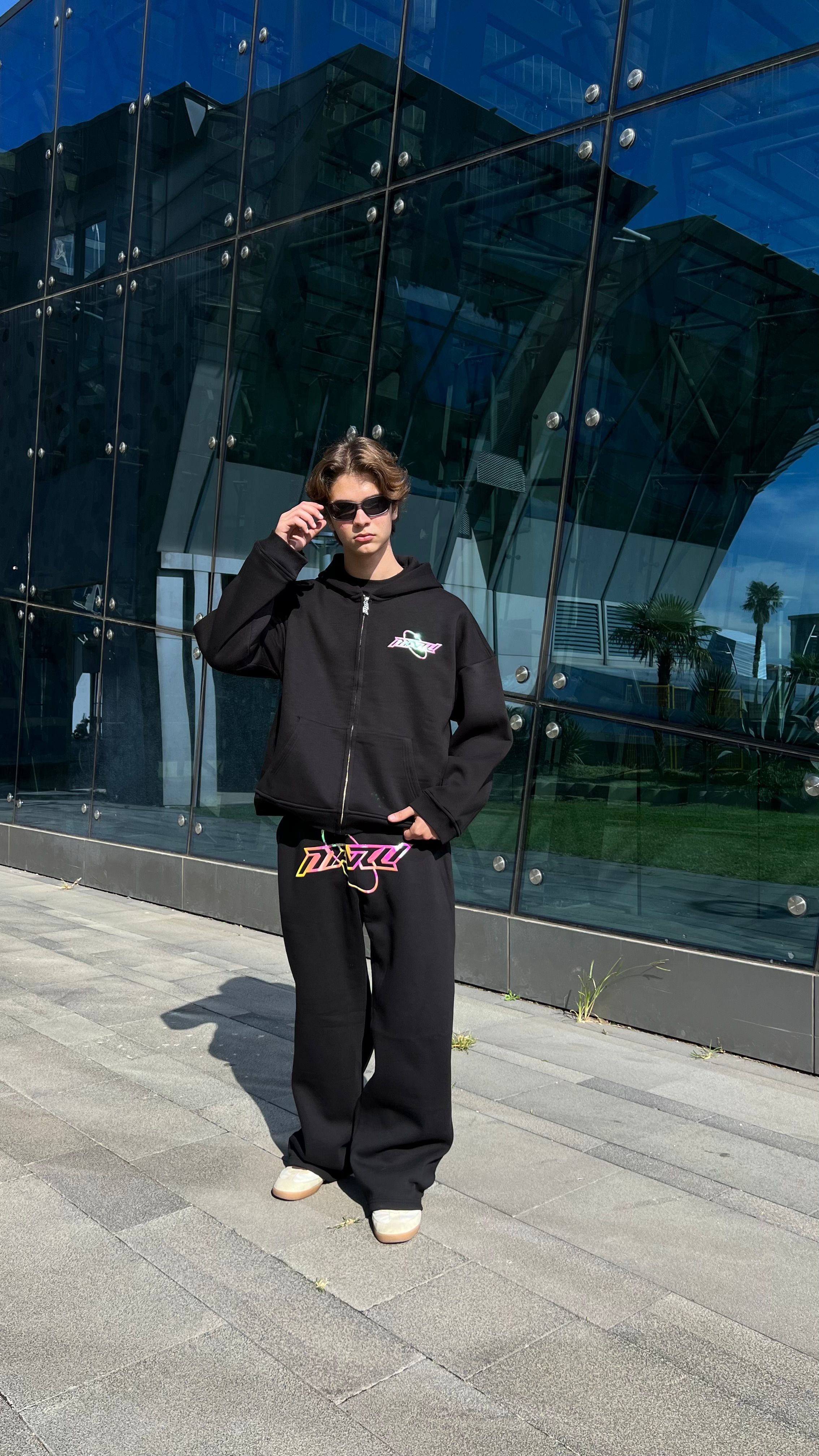 RW Black Hologram Baskı Oversize Zipper Hoodie