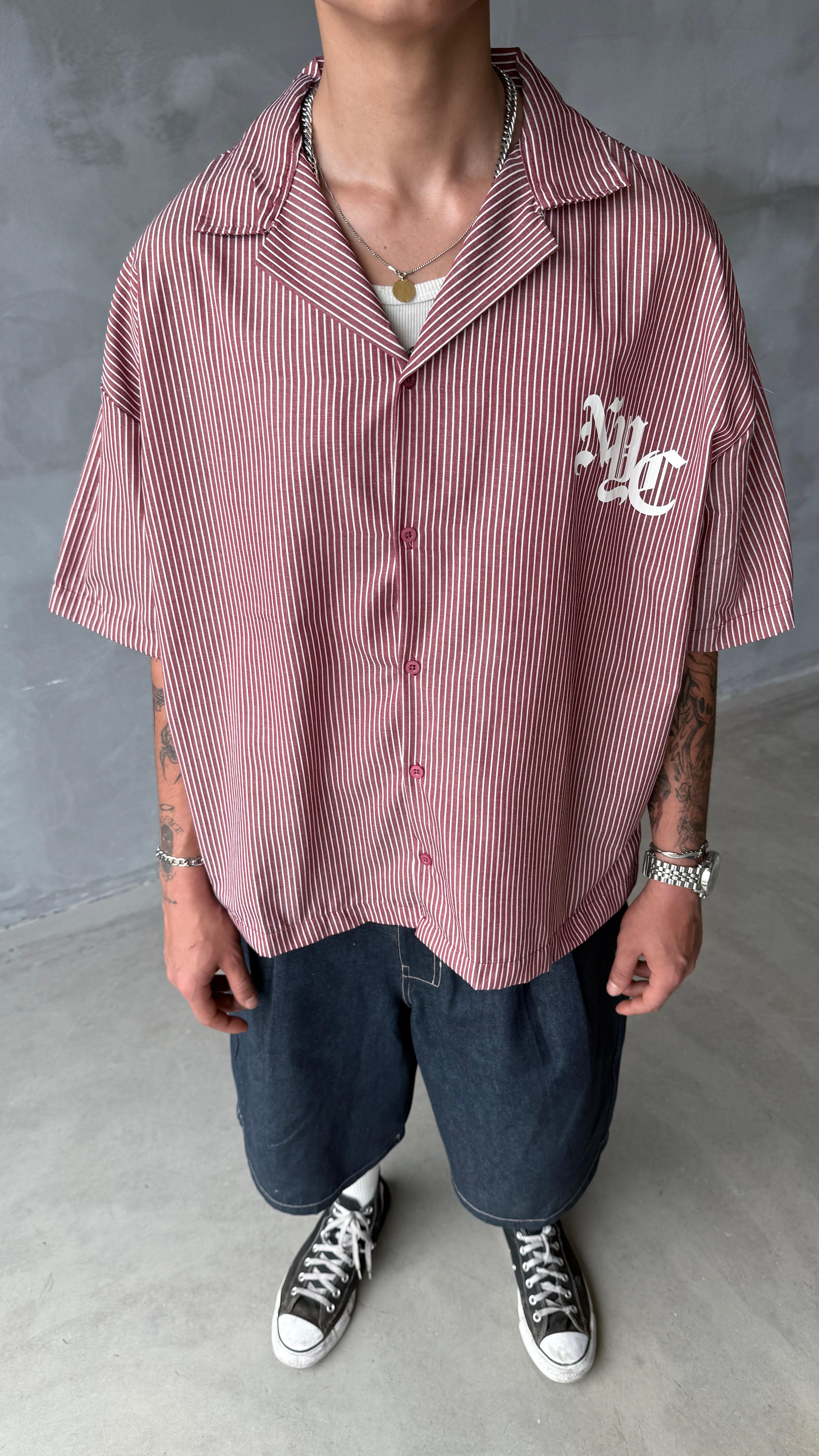 Bordo NYC Çizgili Oversize Gömlek 