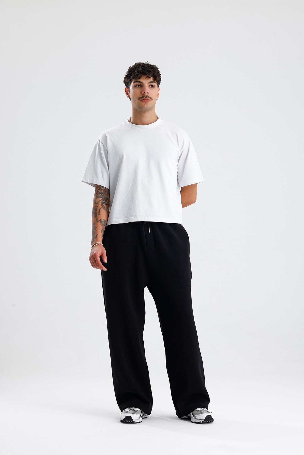 Siyah Basic Kışlık Kumaş Paçası Ayarlanabilir Baggy Eşofman
