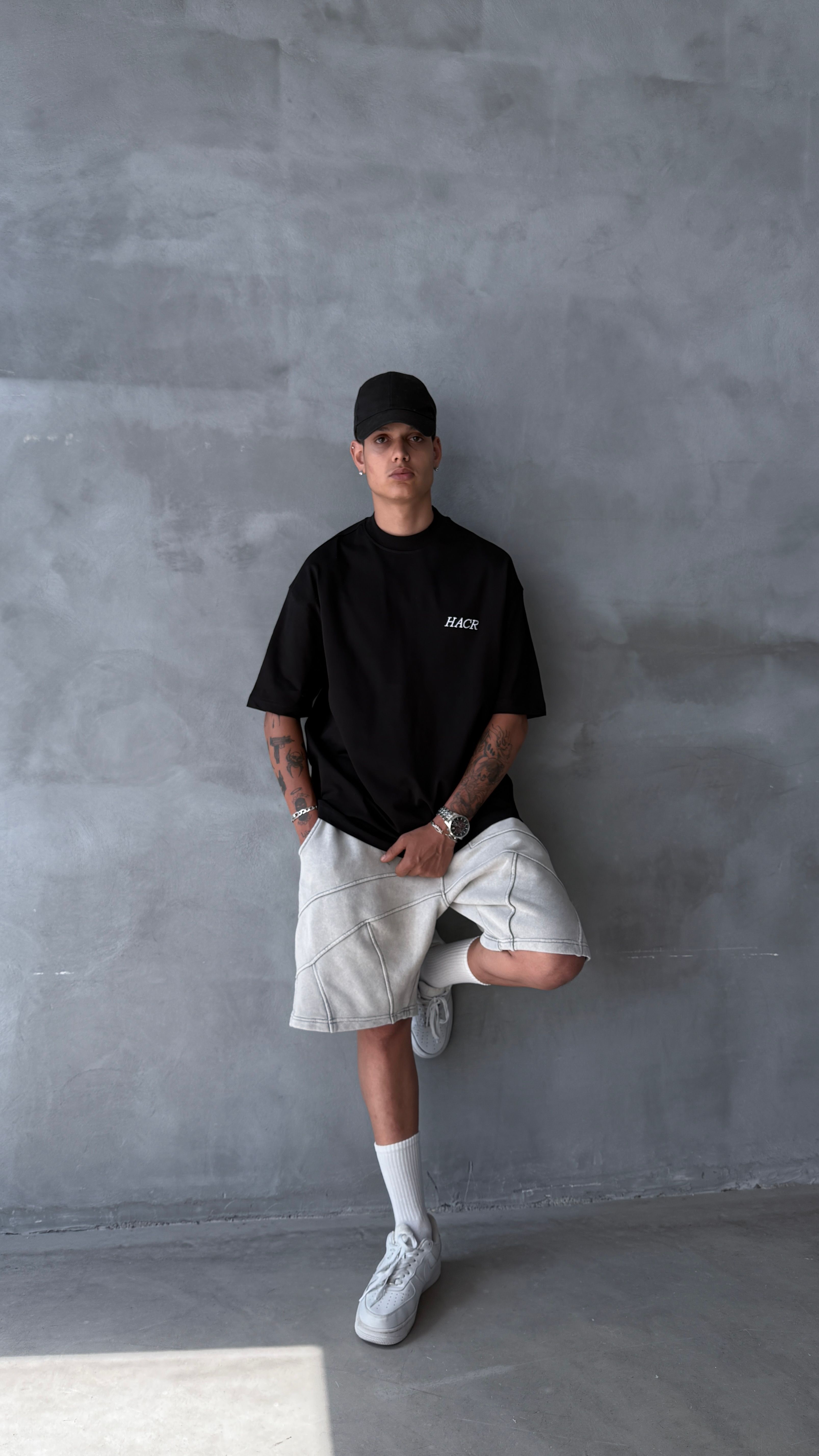Siyah HACR Nakış Detay Premium Oversize Tişört 