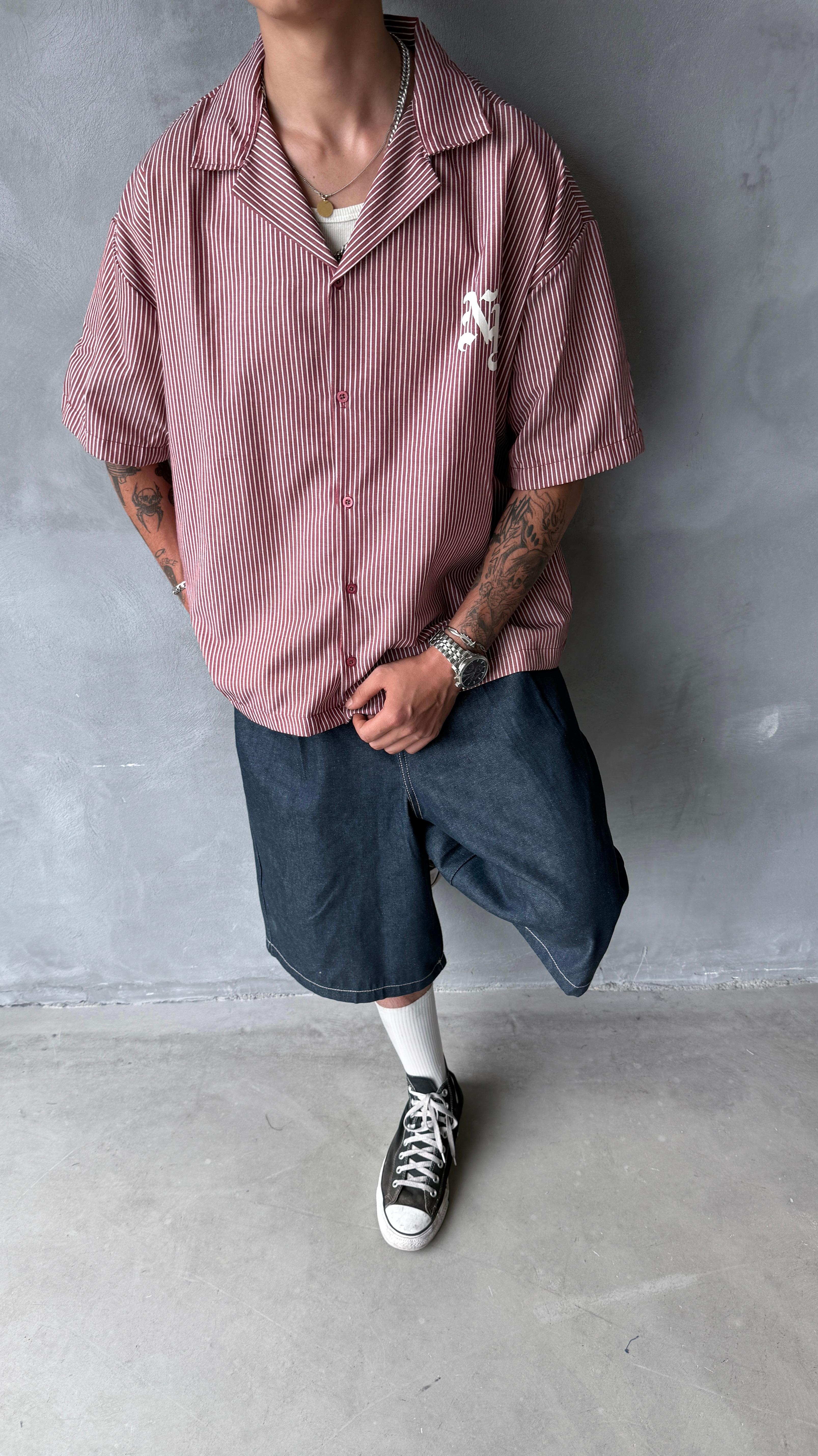 Bordo NYC Çizgili Oversize Gömlek 