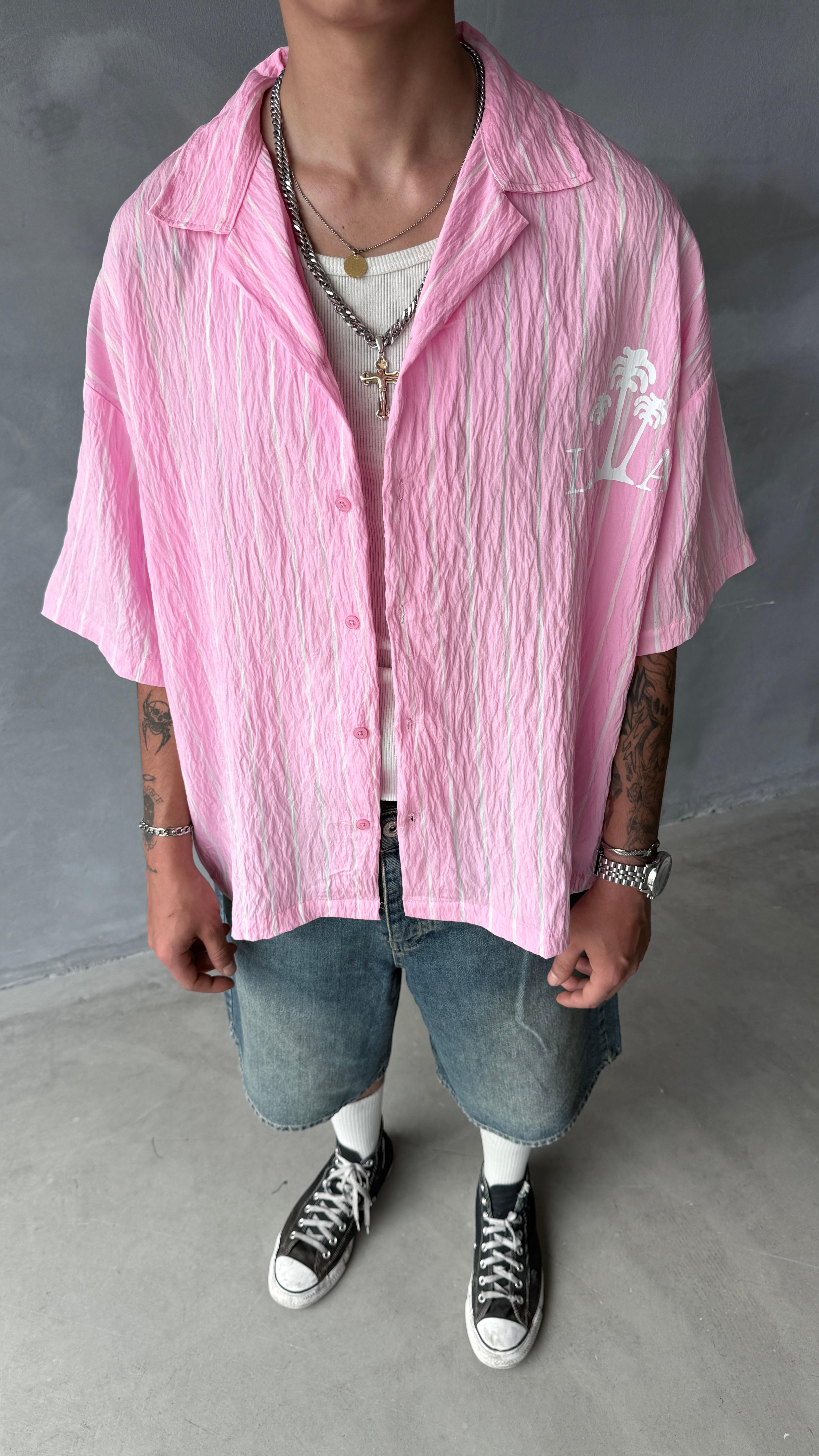 Pembe LA Çizgili Oversize Keten Gömlek