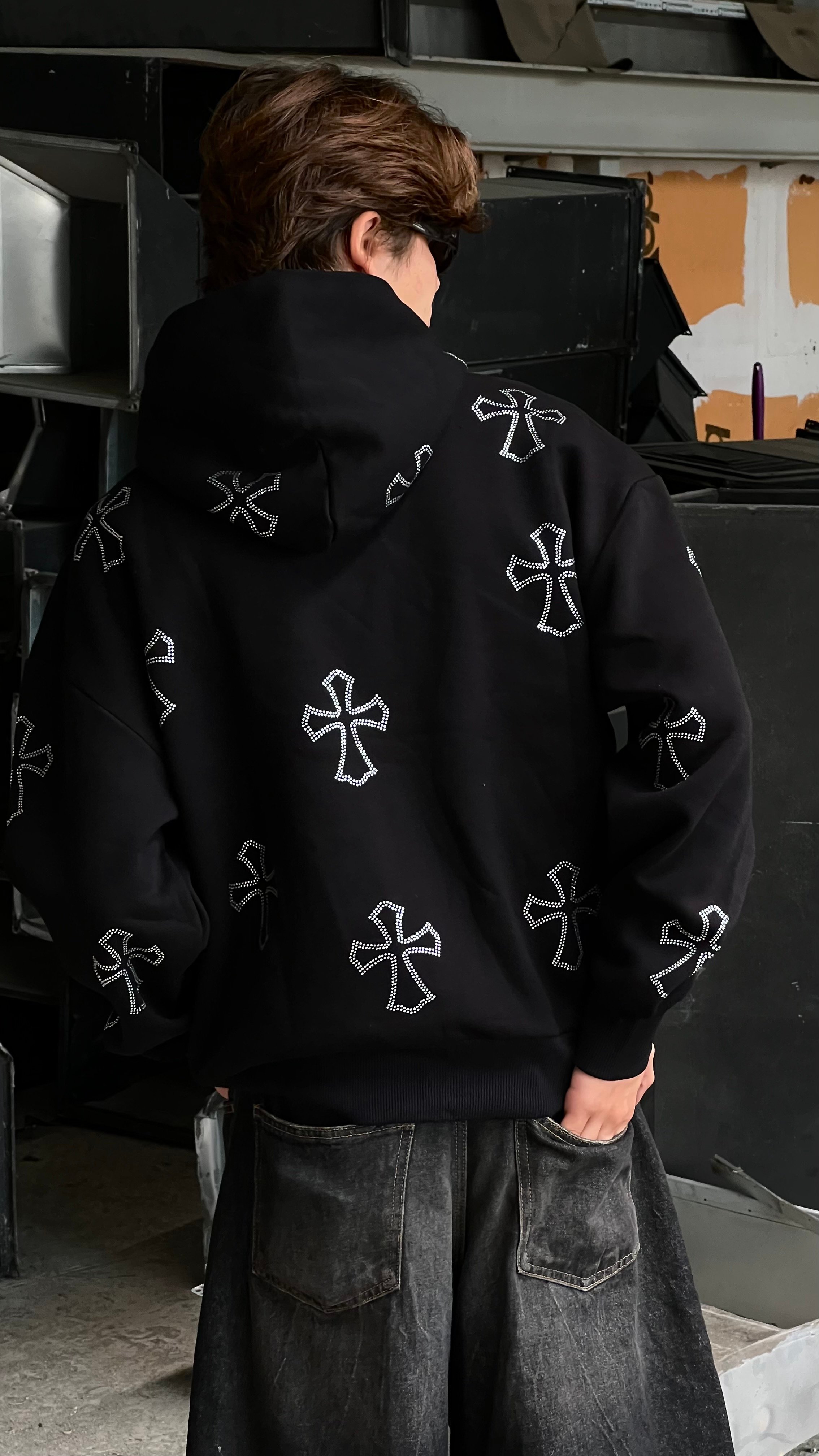RW Blck Crosses Rhinestones Oversize Zipper Hoodie