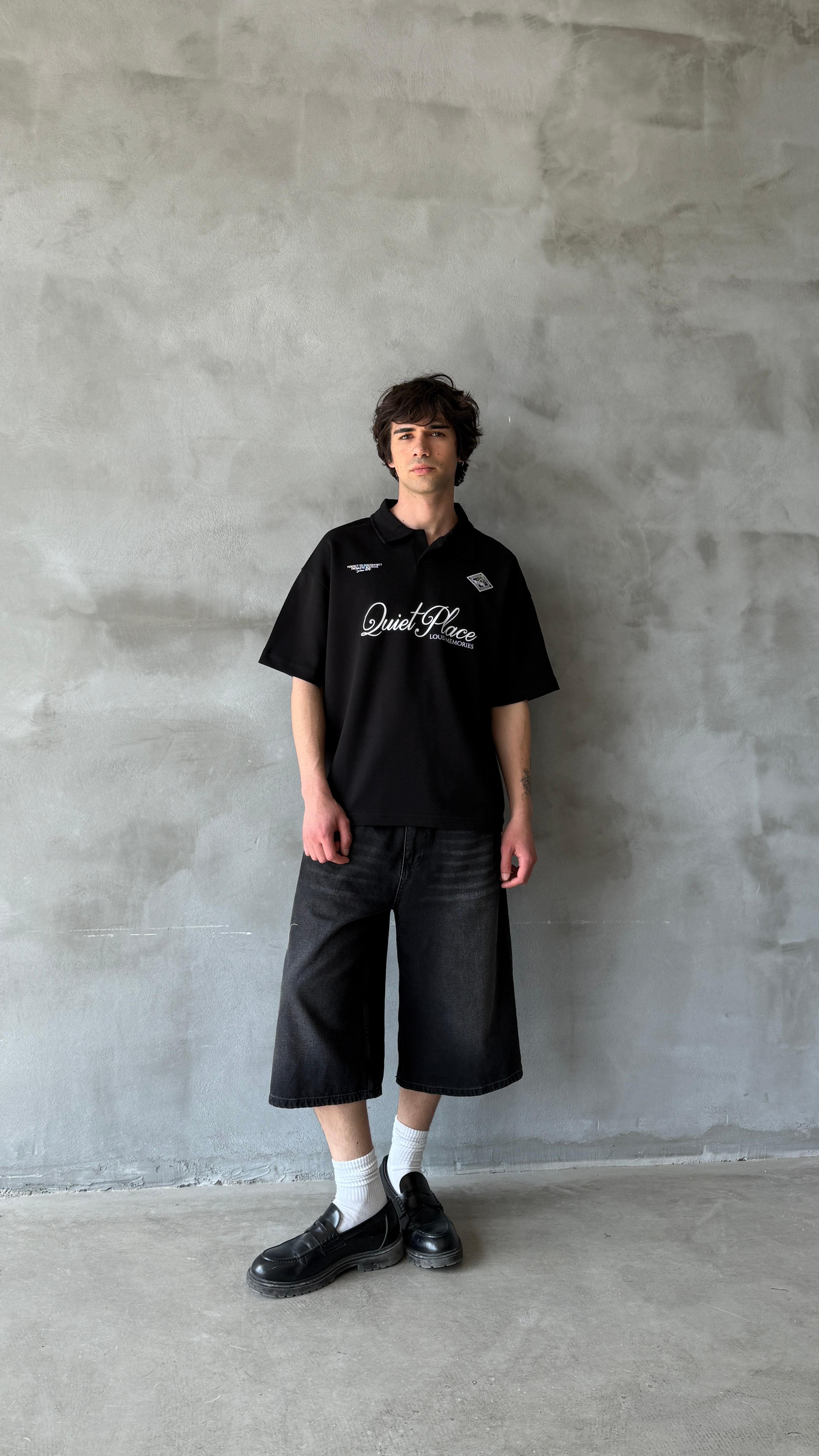 Siyah Quite Palace Polo Yaka Oversize Tişört 