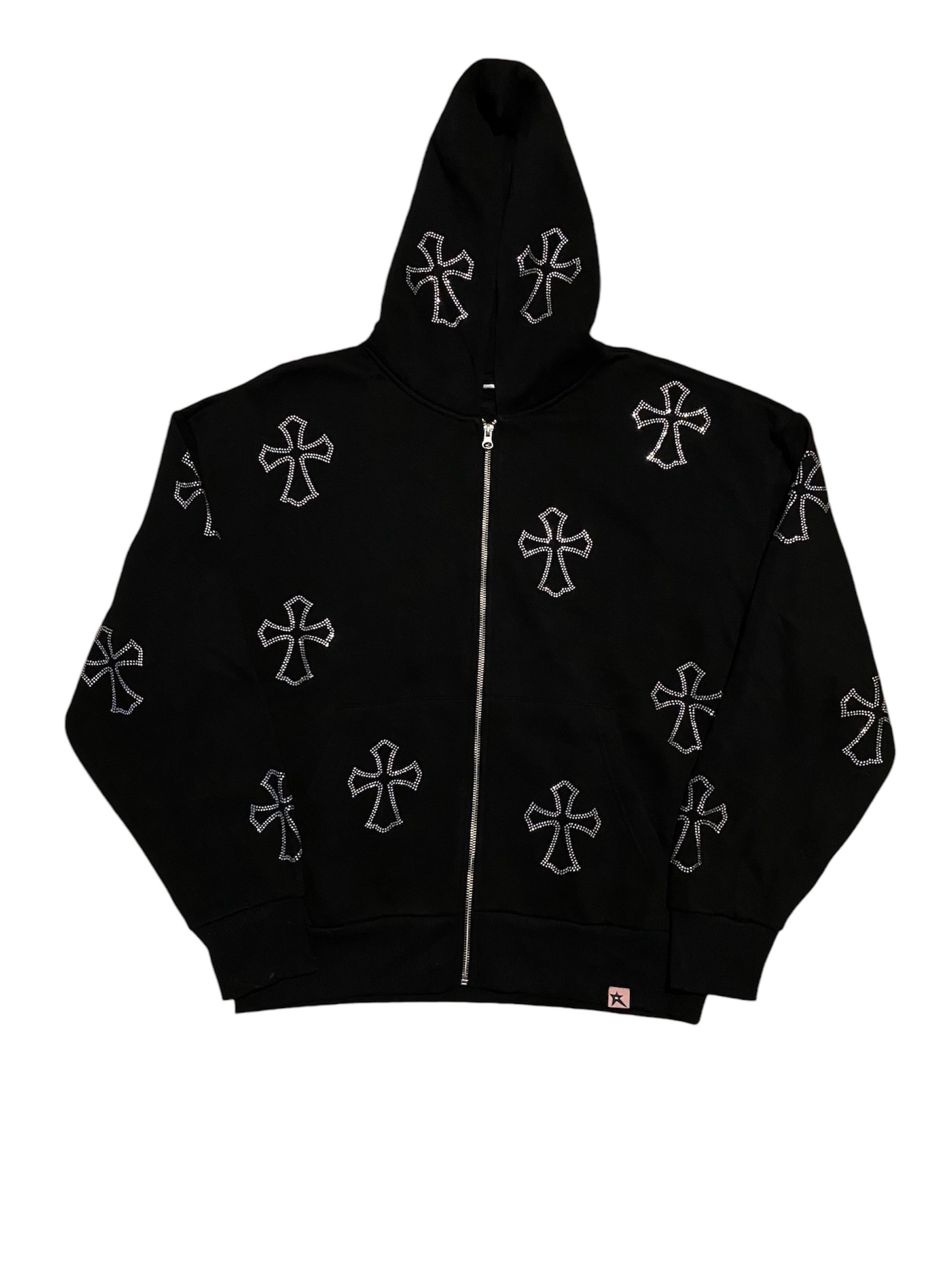 RW Blck Crosses Rhinestones Oversize Zipper Hoodie