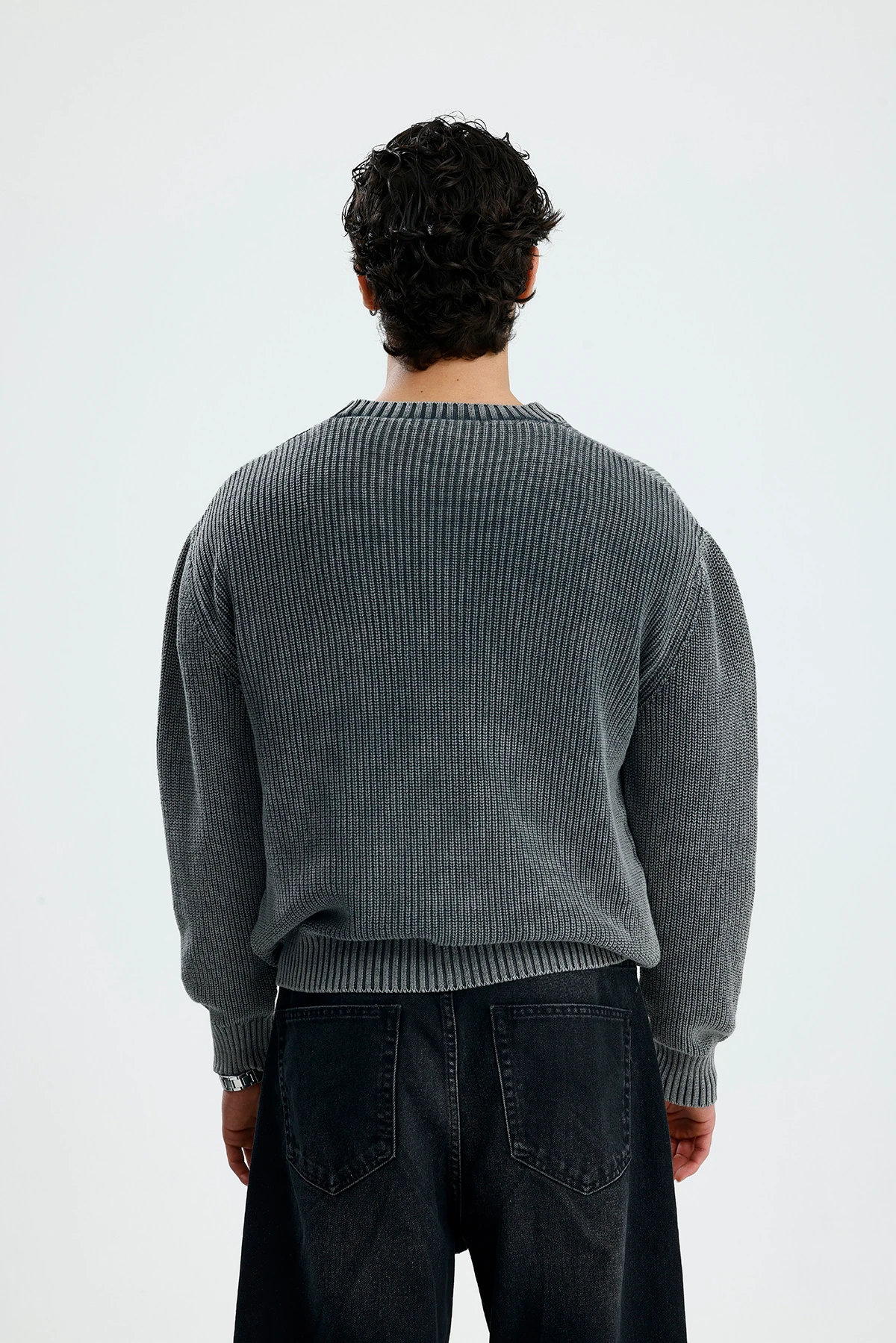 Basic Antrasit Yıkamalı Boxy Fit Oversize Örgü Kazak