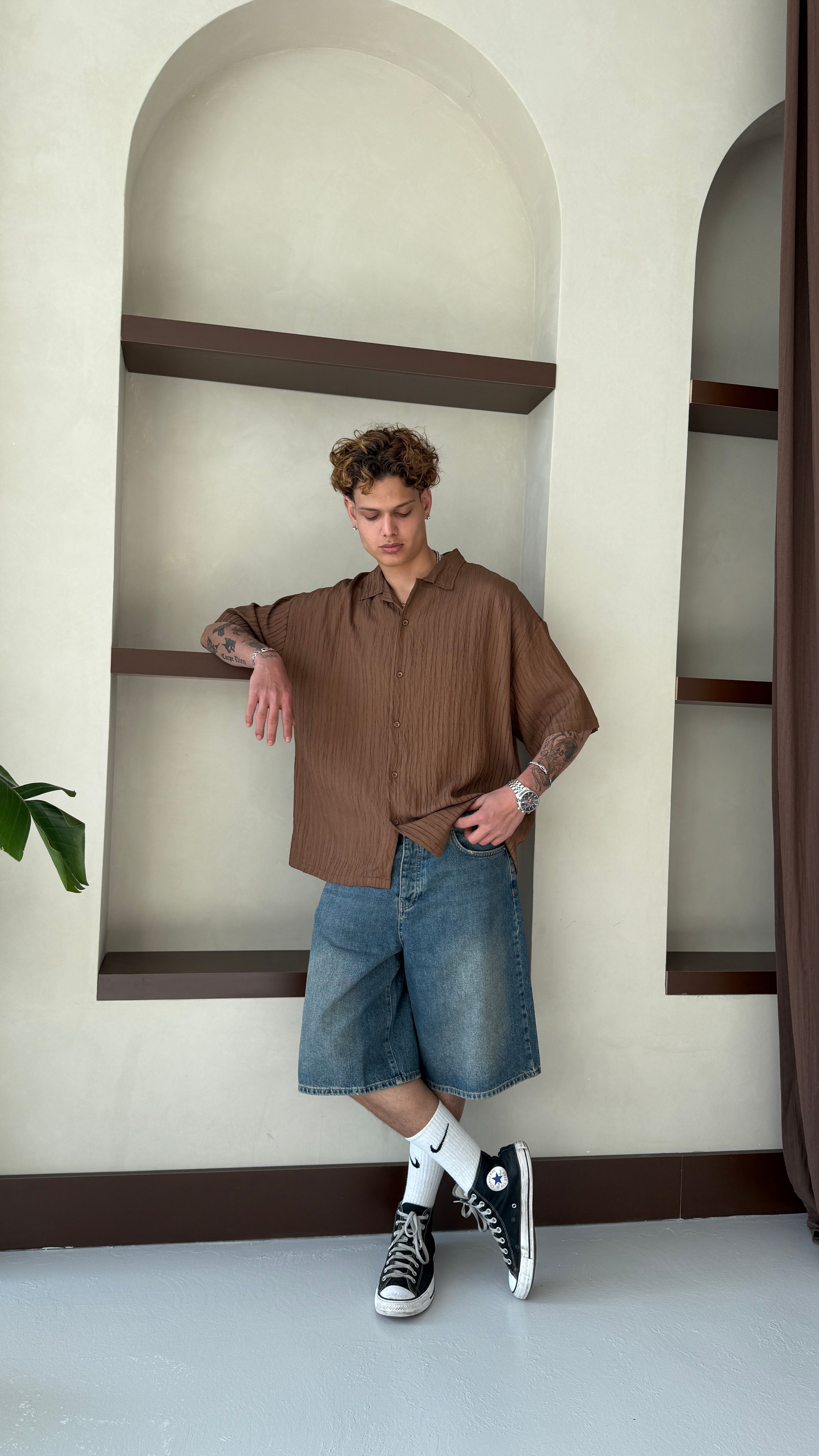 Kahve Basic Oversize Keten Gömlek
