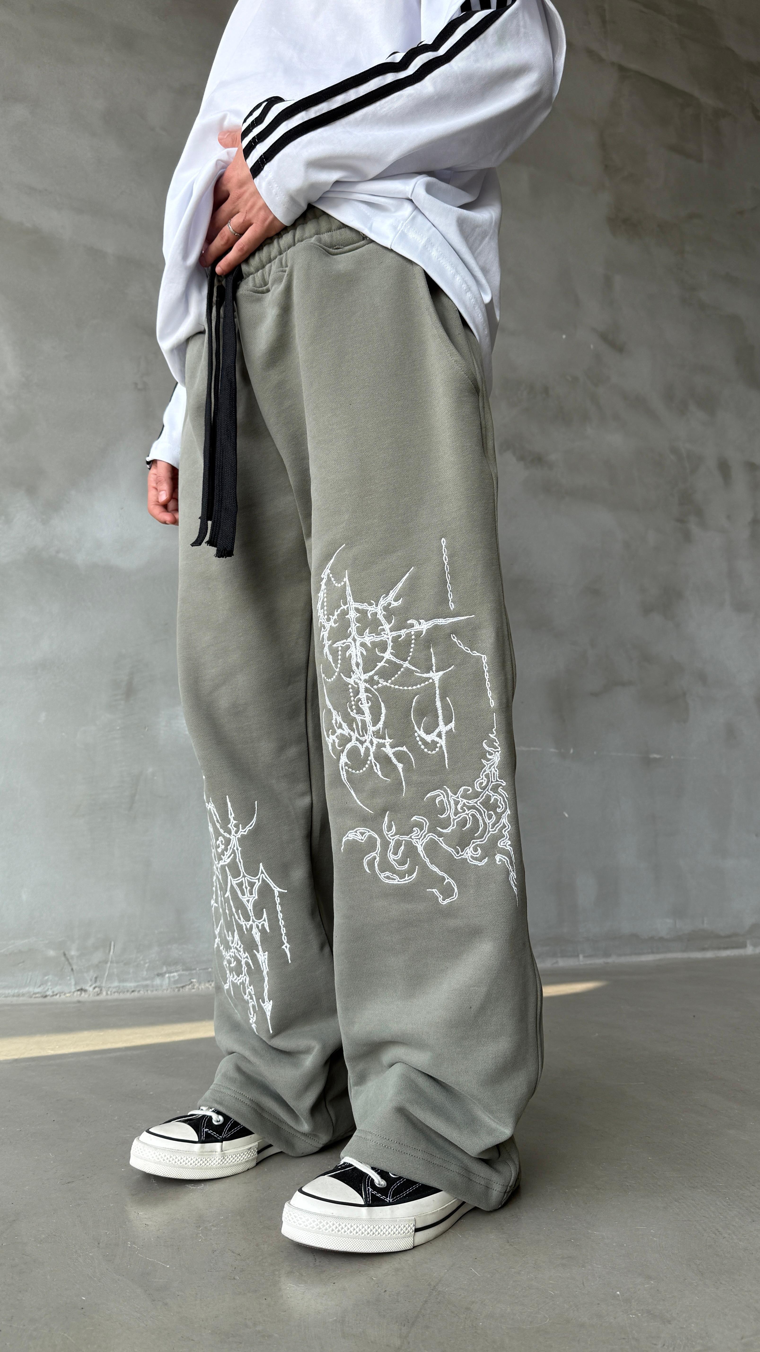 Haki Dreamcatcher Nakış İşlemeli Double Waist Premium Baggy Sweatpant