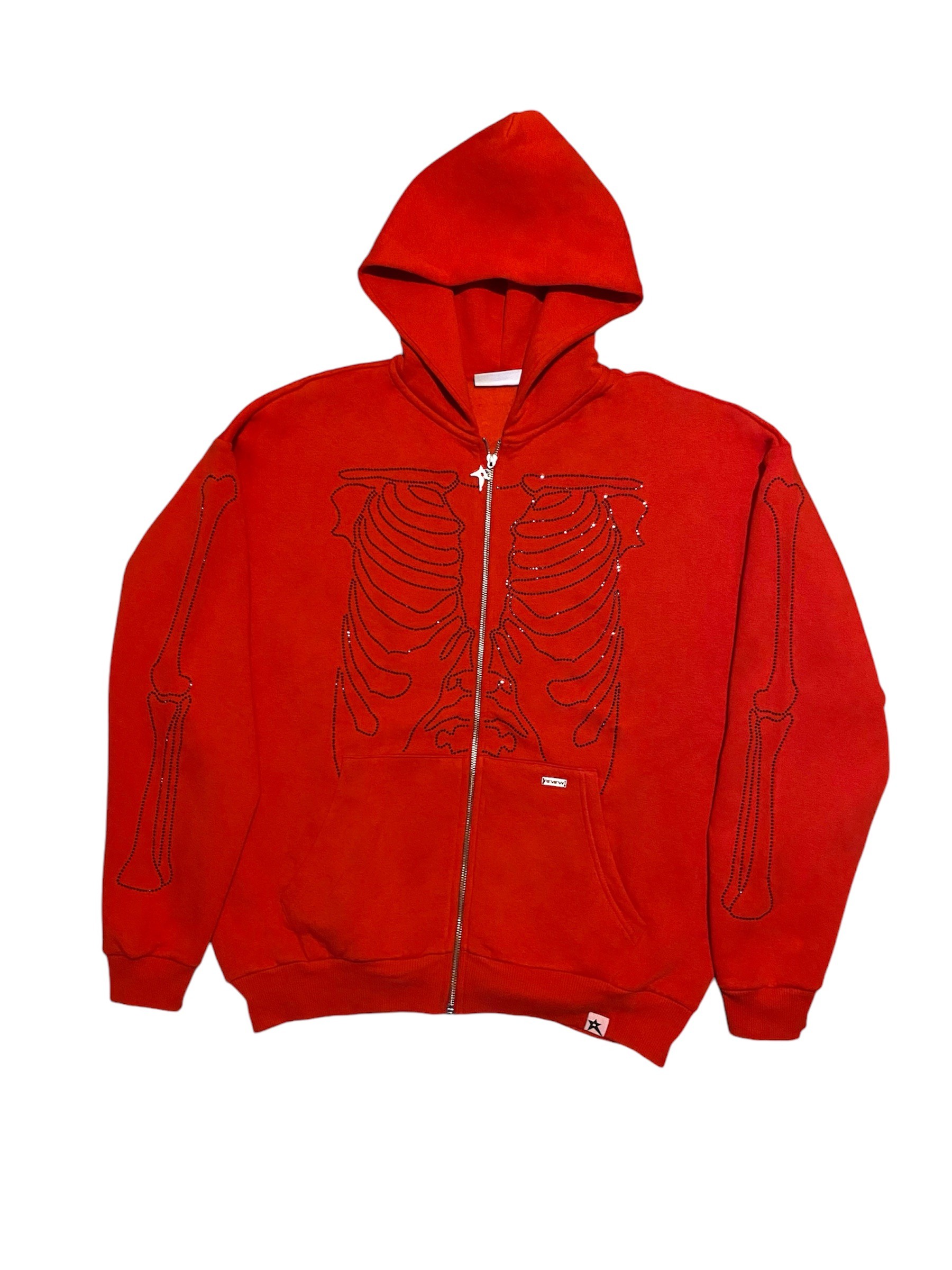 RW Red Skeleton Rhinestones Oversize Zipper Hoodie