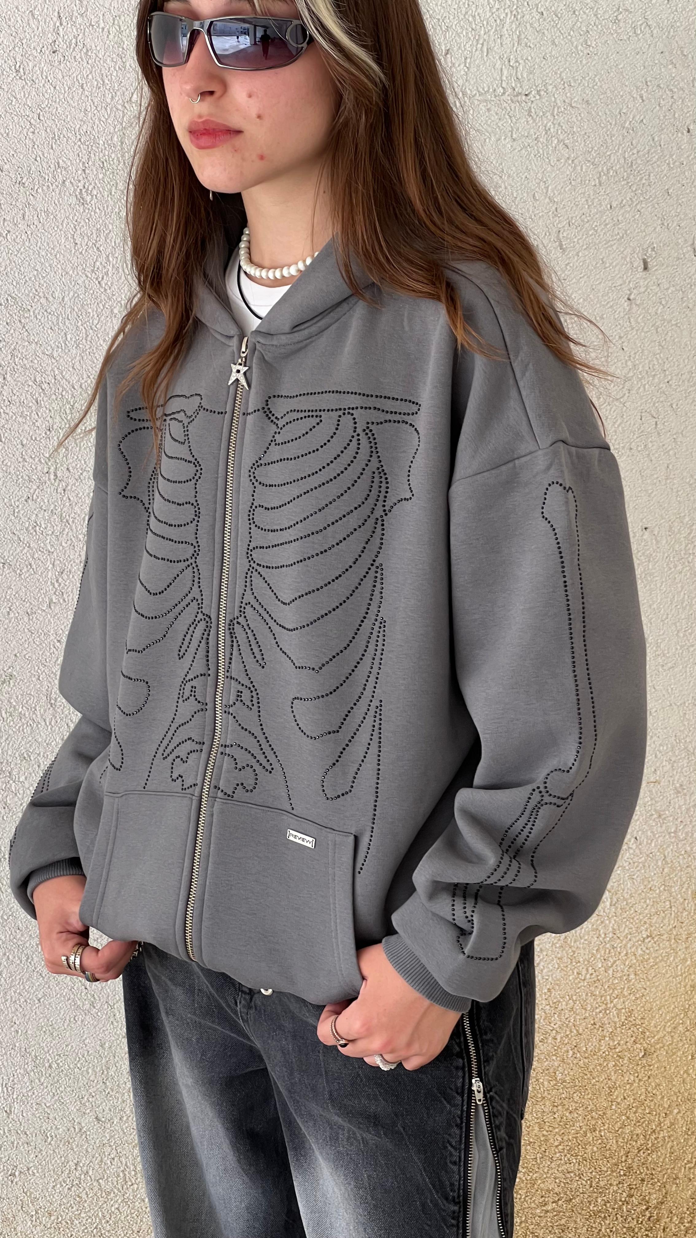 RW Gray Skeleton Rinestones Oversize Zipper Hoodie