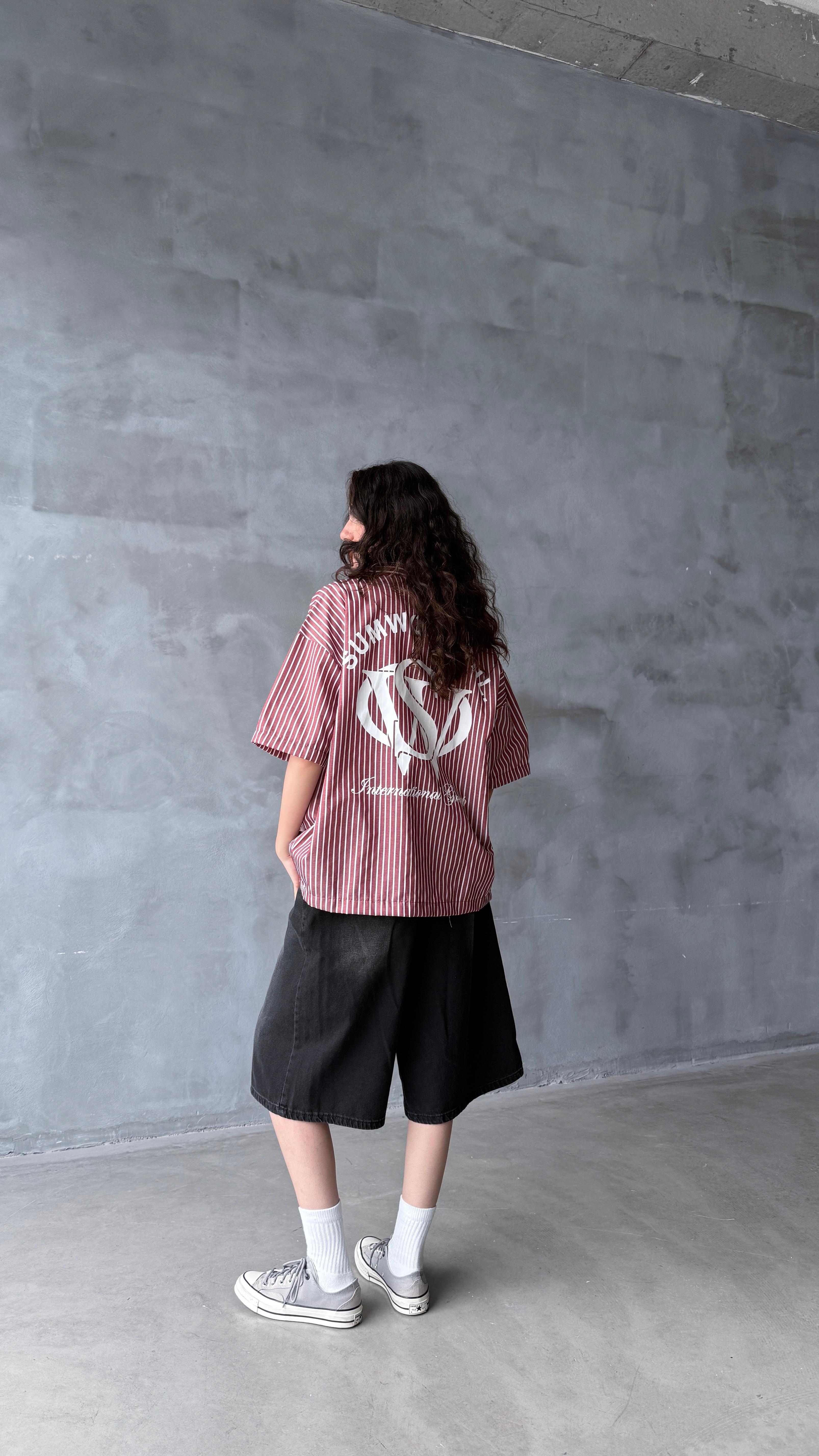 VSV Bordo Çizgili Oversize Gömlek 