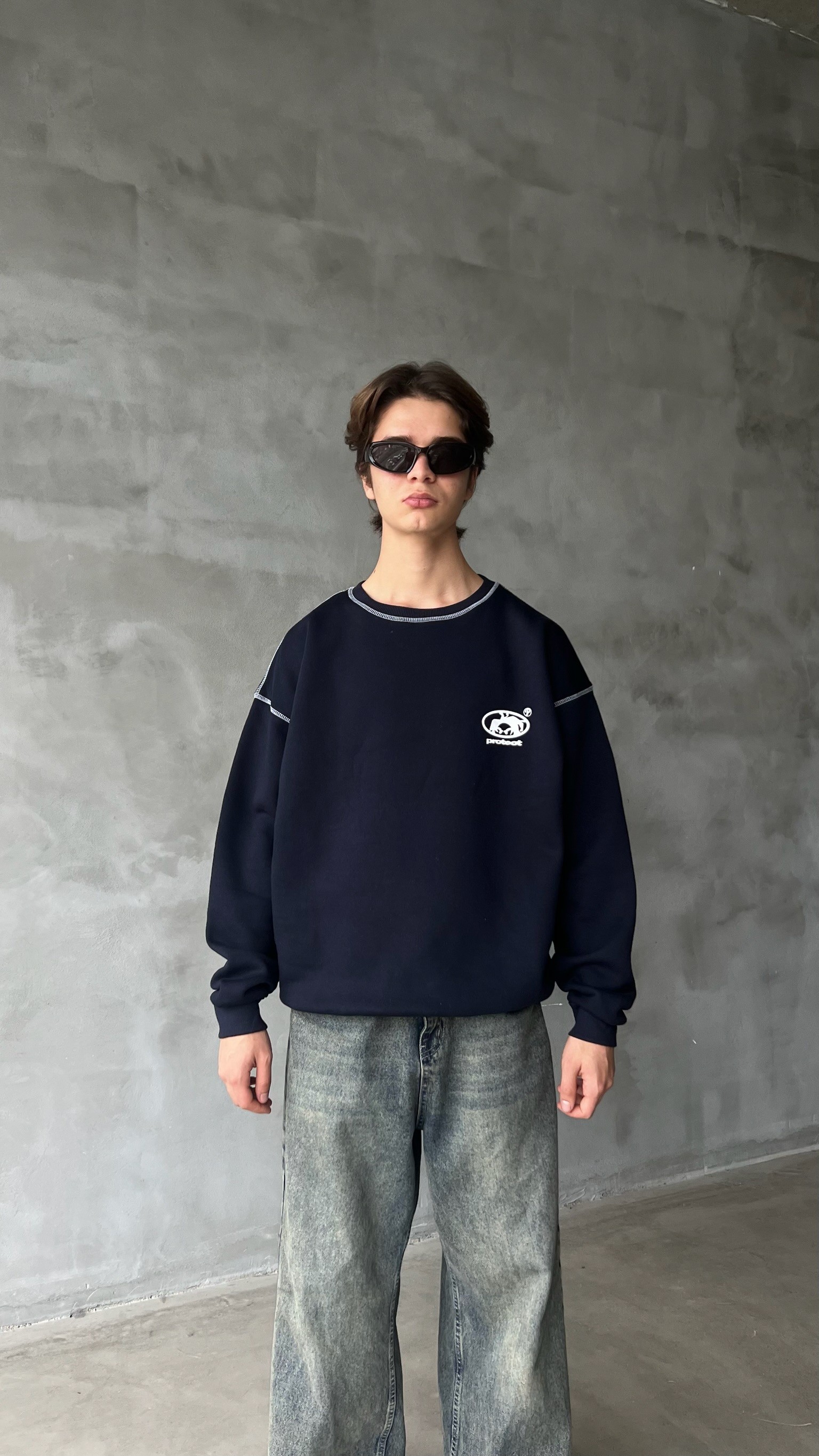 Koyu Lacivert Product Ters Dikiş Detay Oversize Sweatshirt 