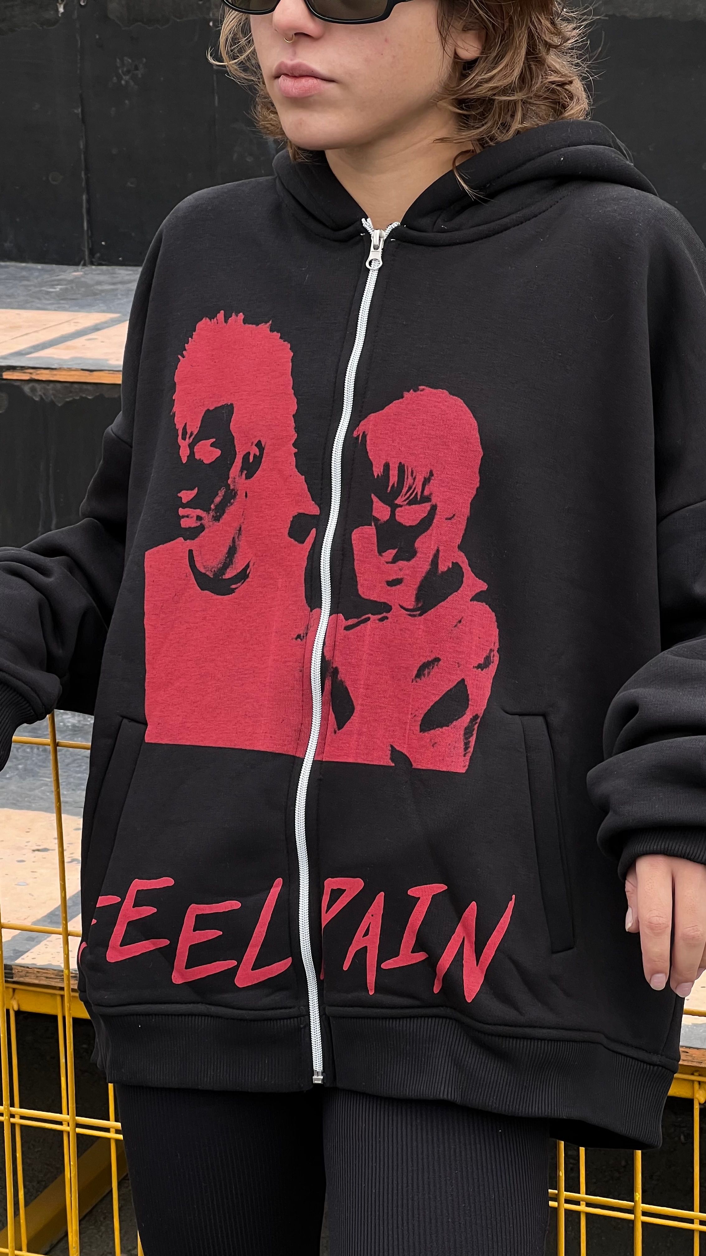 Feel Pain Siyah Oversize Zipper Hoodie 