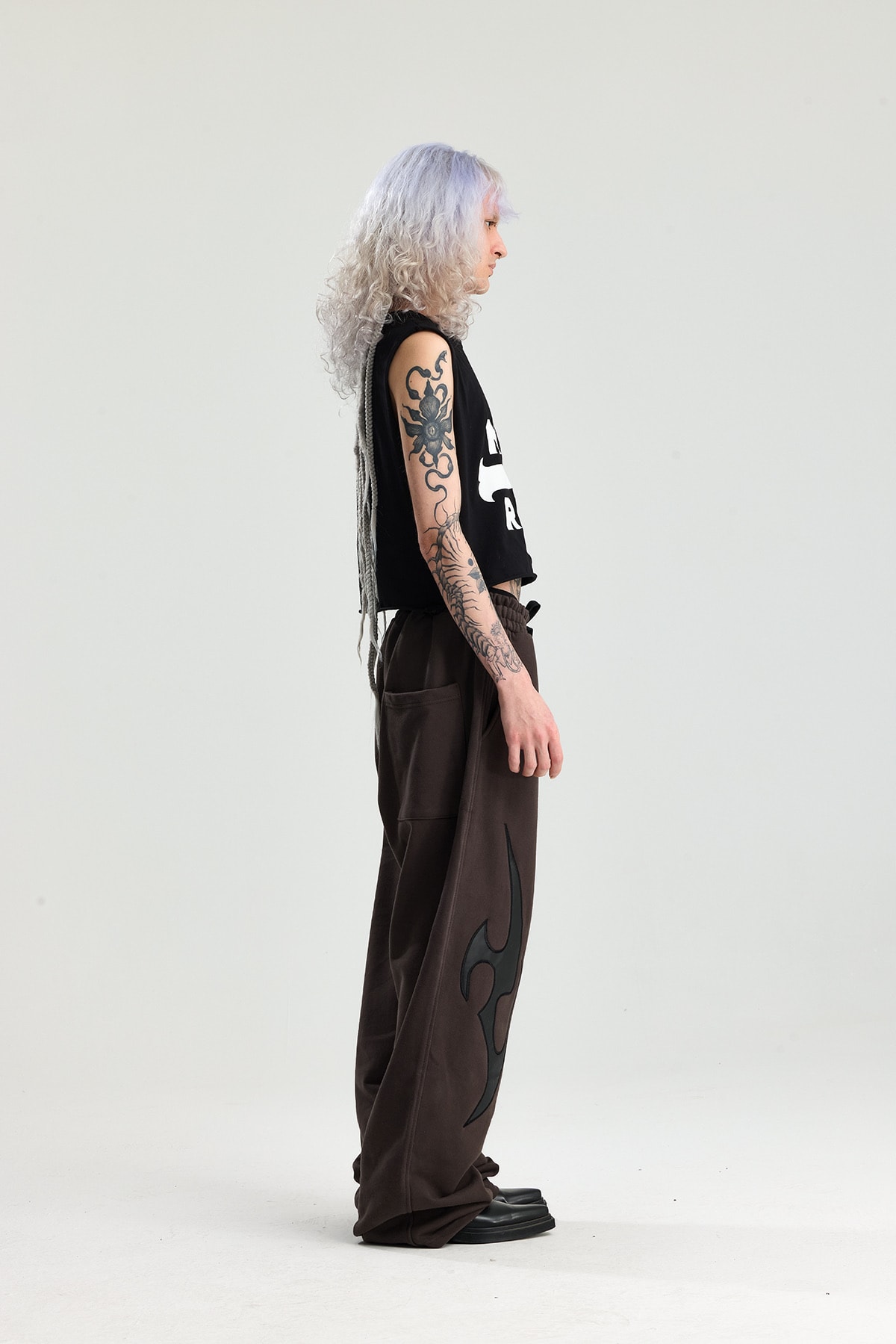 Kahve Tribal Deri Detay Yıkamalı Premium Baggy Sweatpant