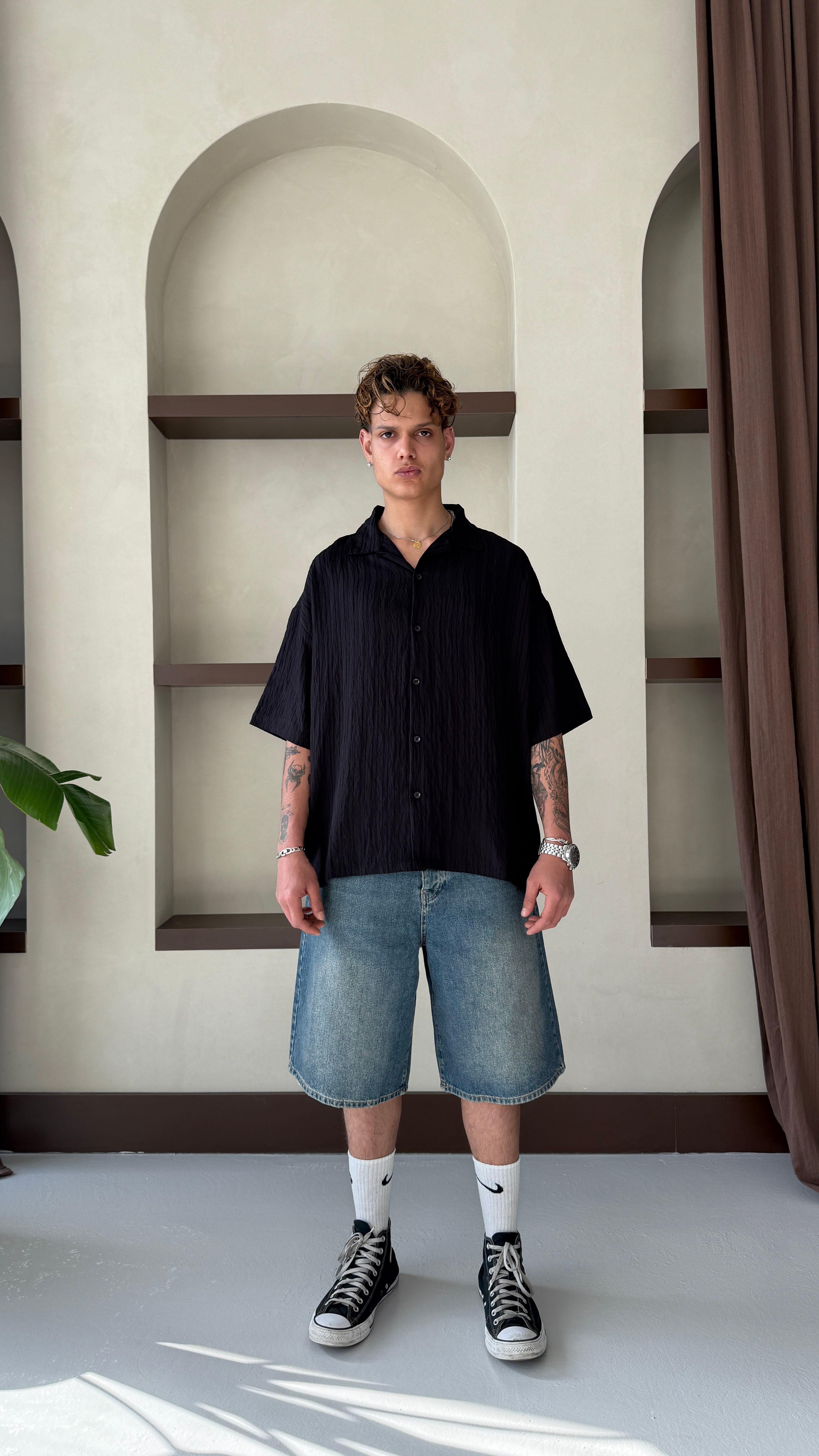 Siyah Basic Oversize Keten Gömlek 