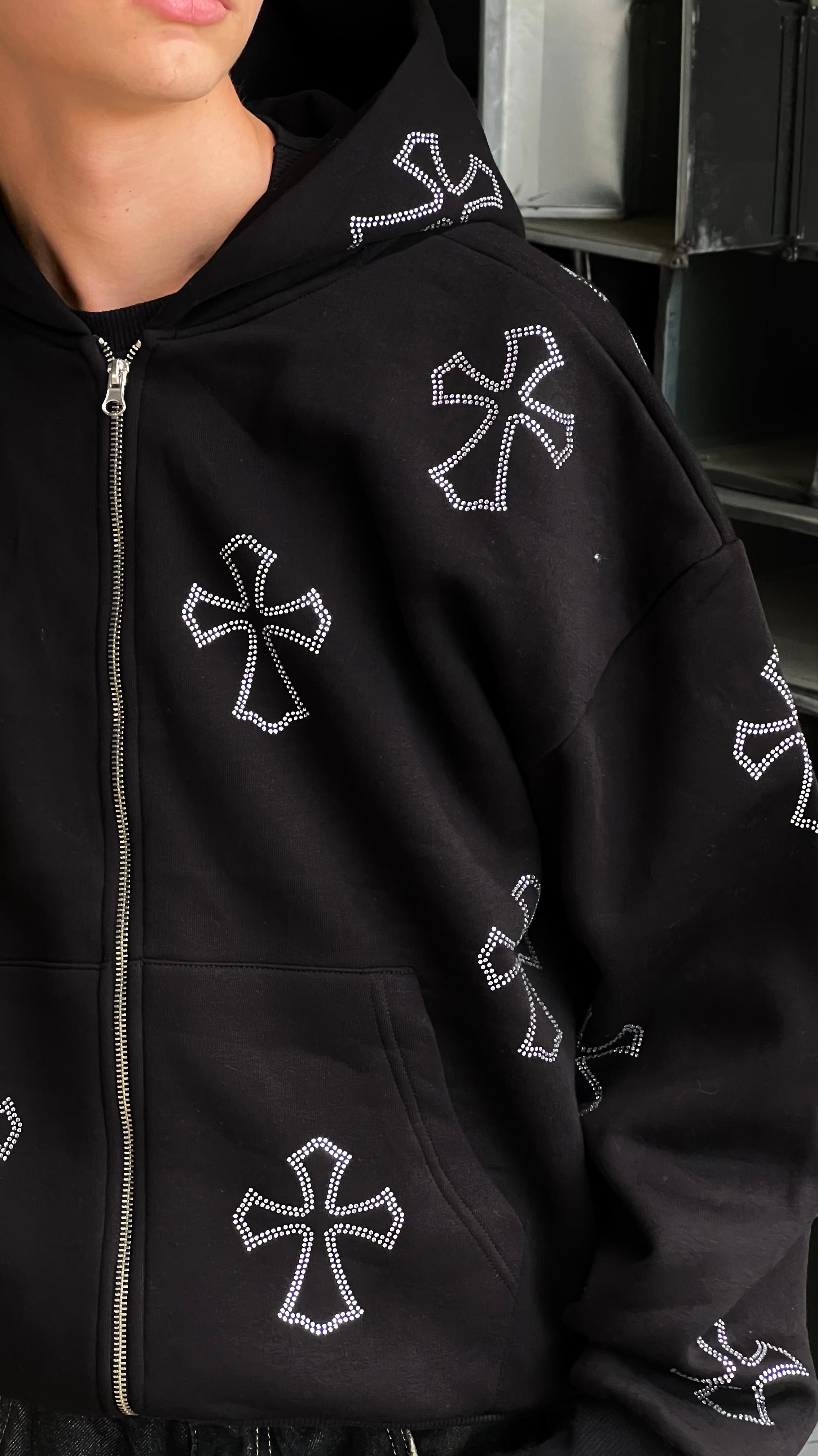 RW Blck Crosses Rhinestones Oversize Zipper Hoodie