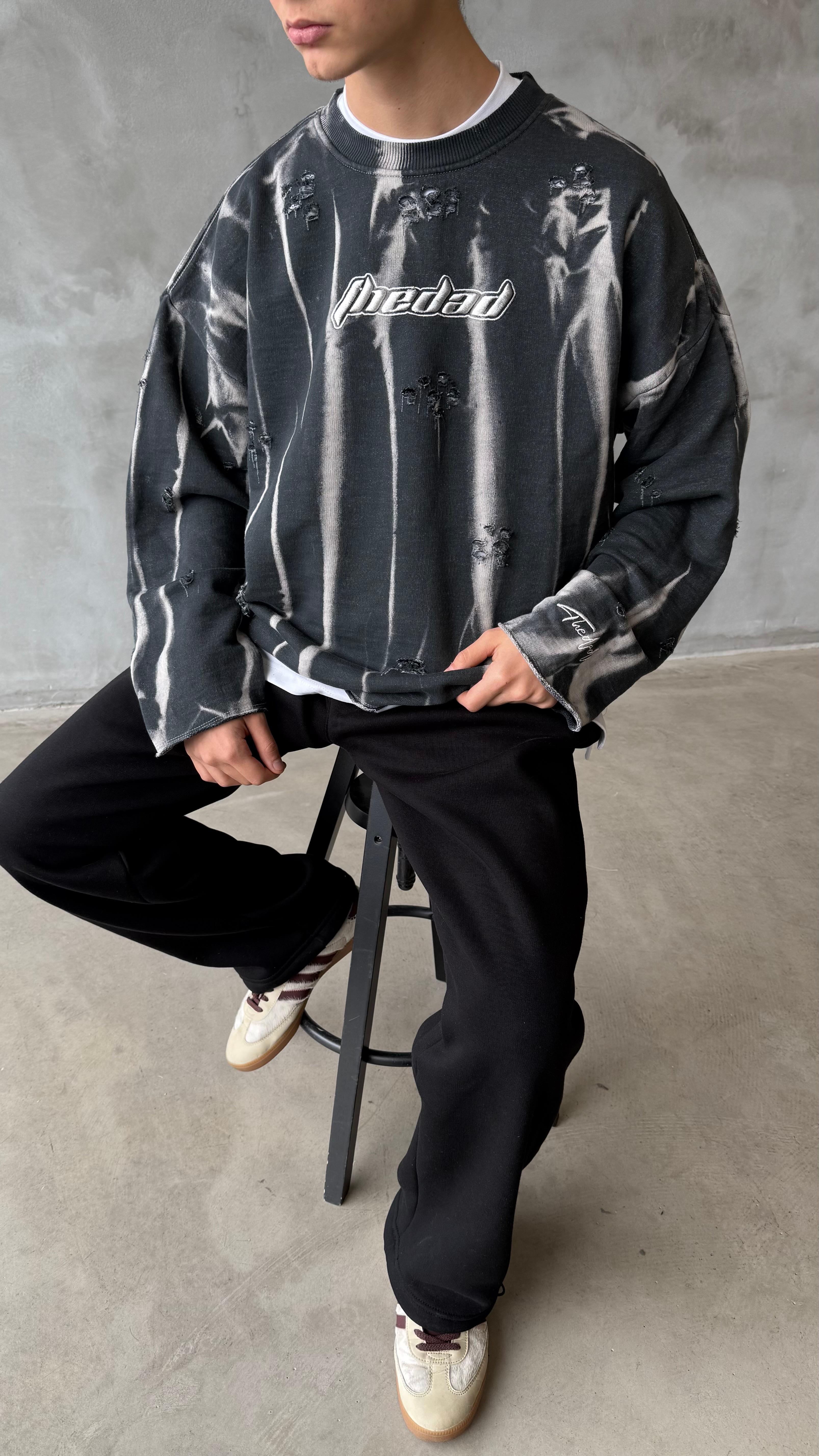 Mavi Asit Yıkamalı Lazer Kesim Premium Oversize Sweatshirt