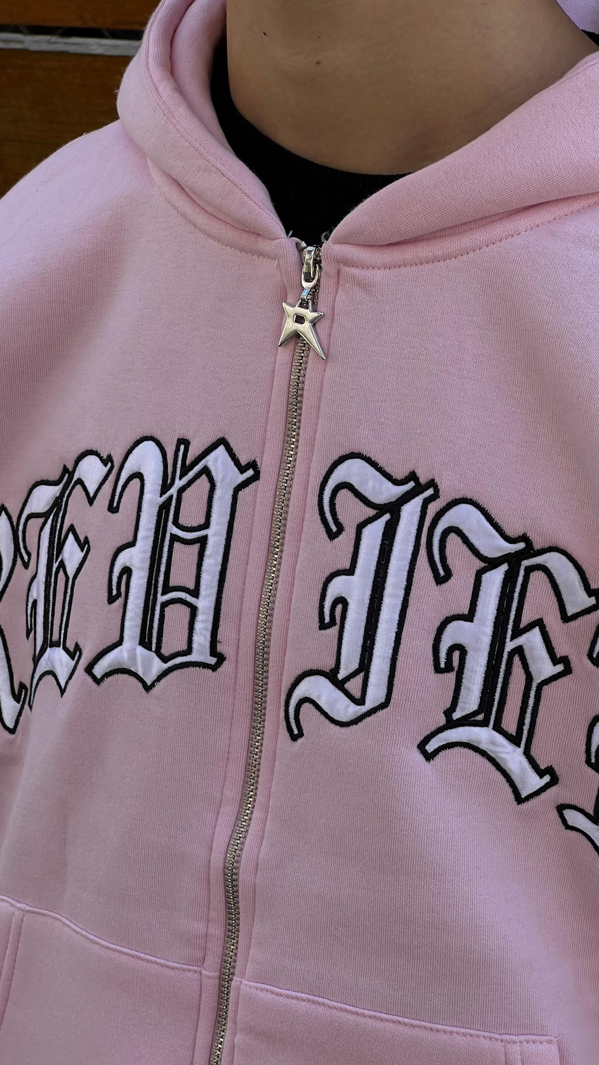 RW Baby Pink Nakış İşlemeli Oversize Zipper Hoodie 