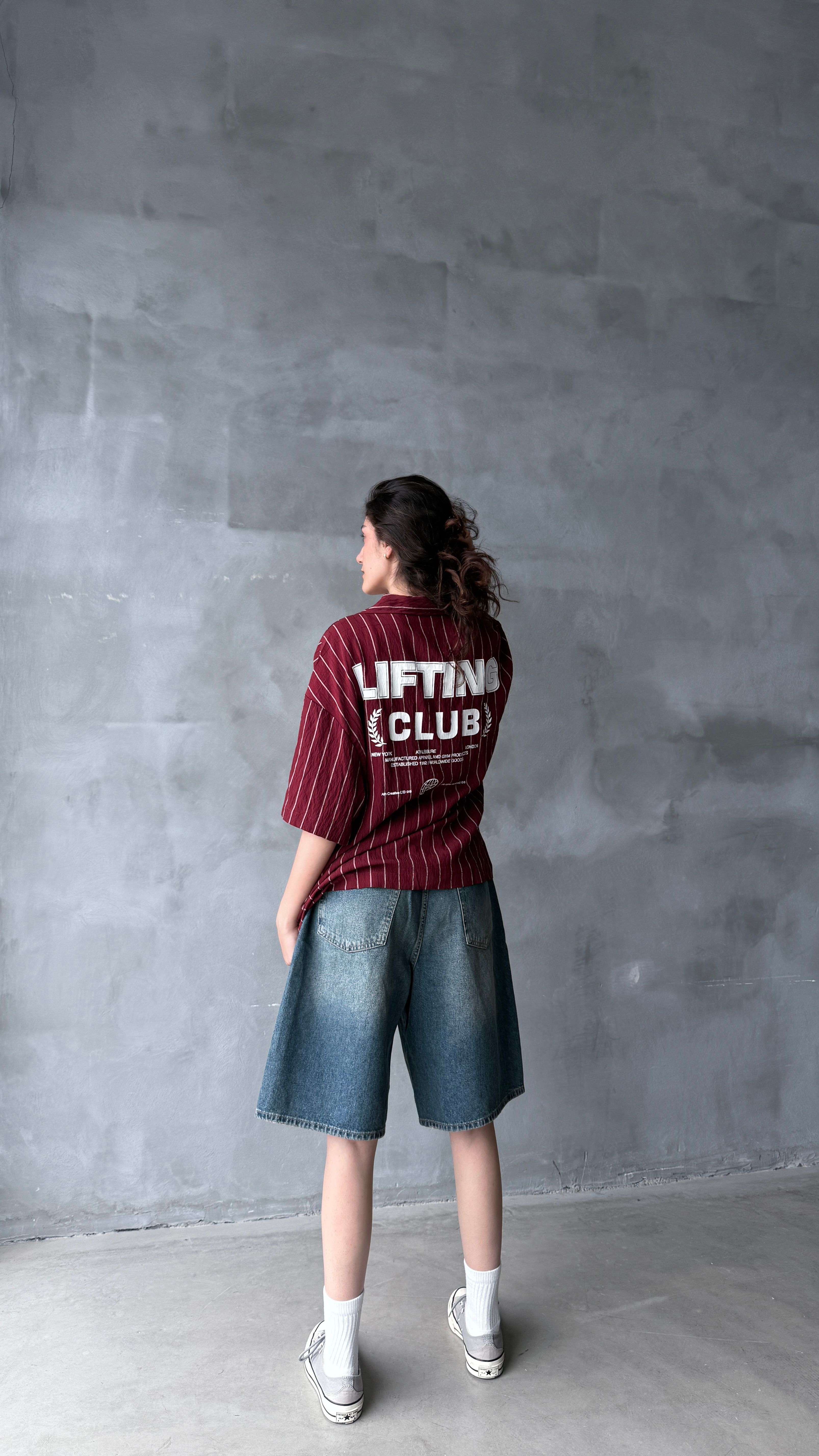 Bordo Lifting Club Çizgili Oversize Keten Gömlek