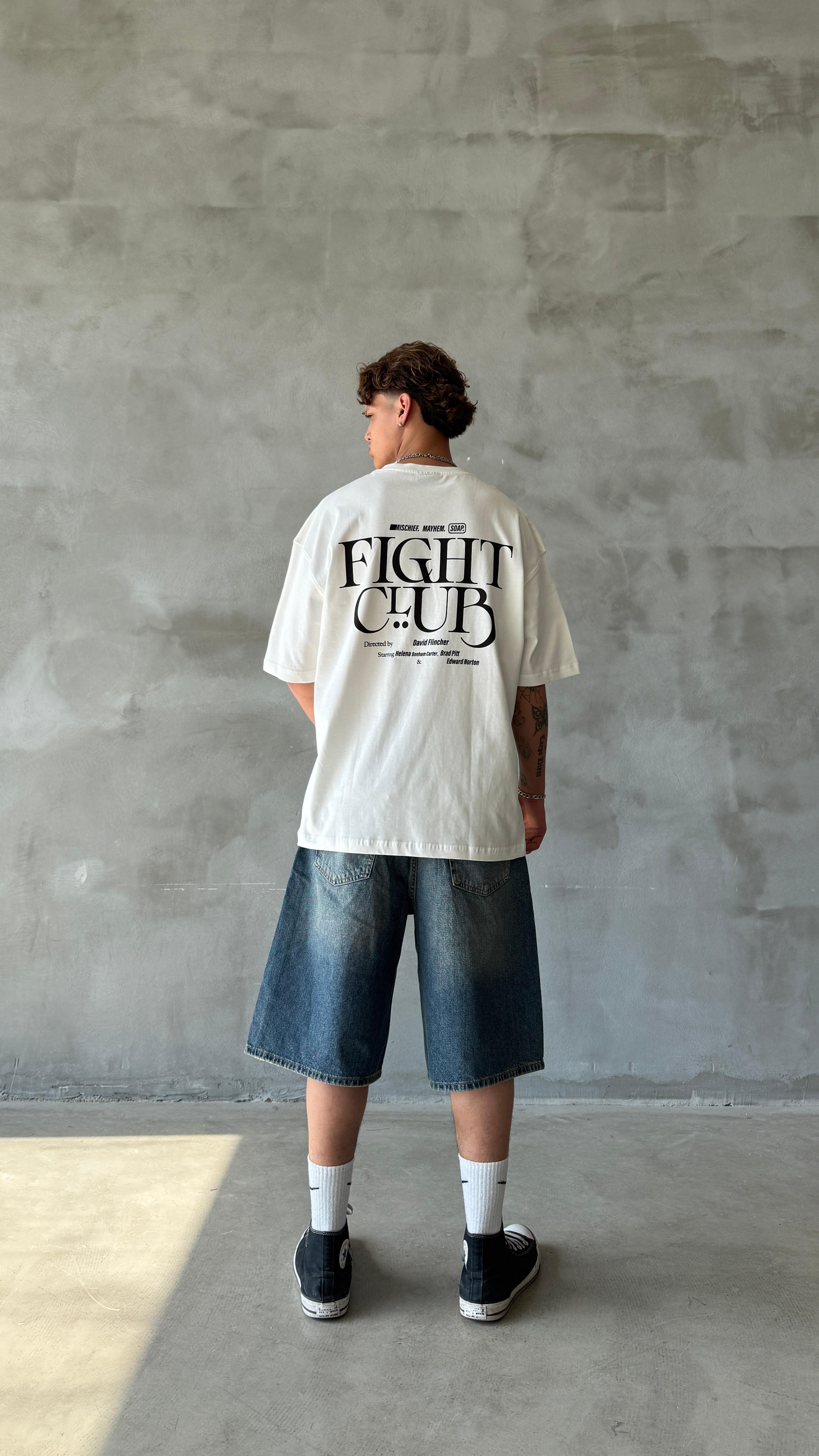 Beyaz Fight Club Oversize Tişört 