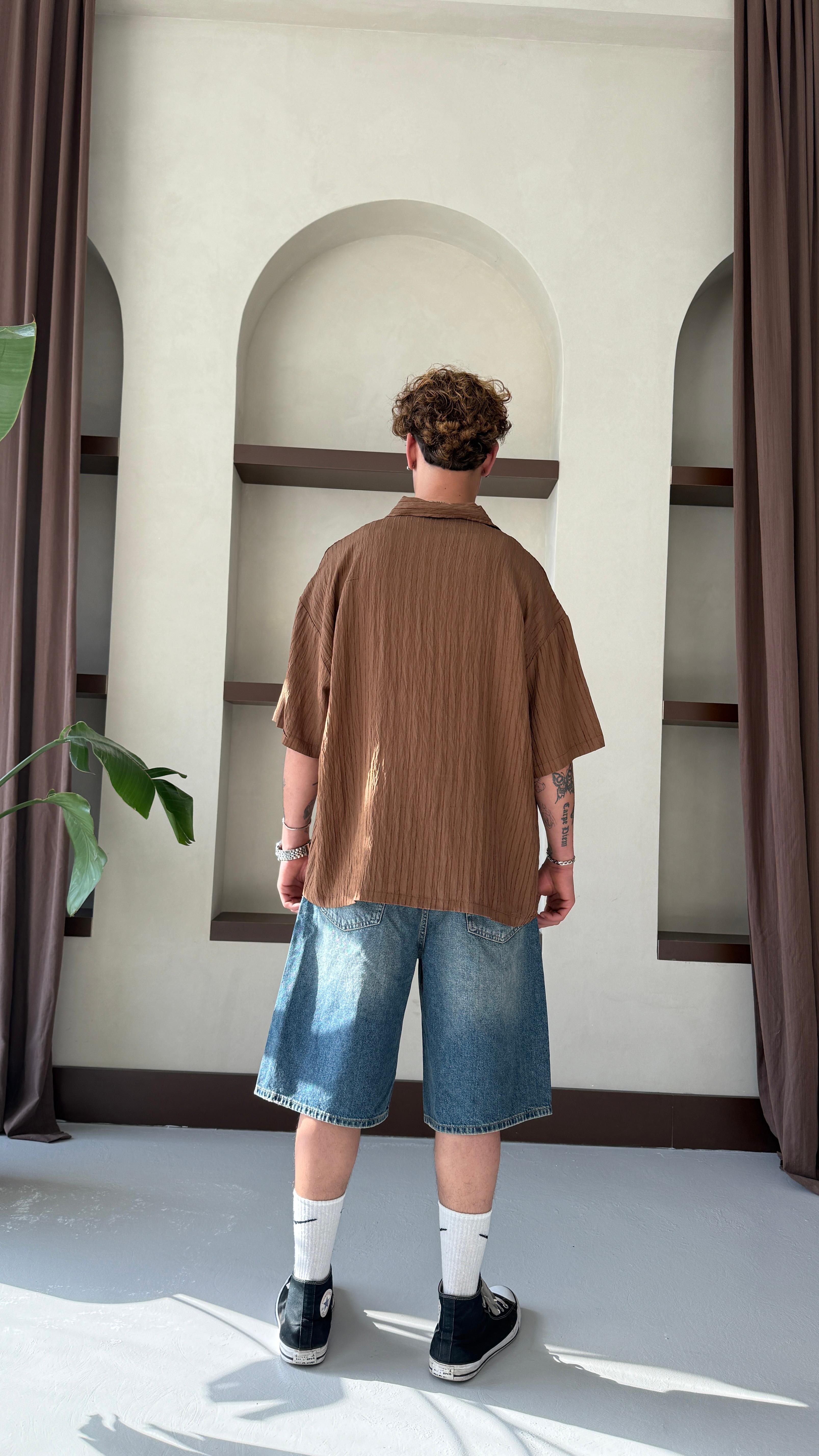 Kahve Basic Oversize Keten Gömlek