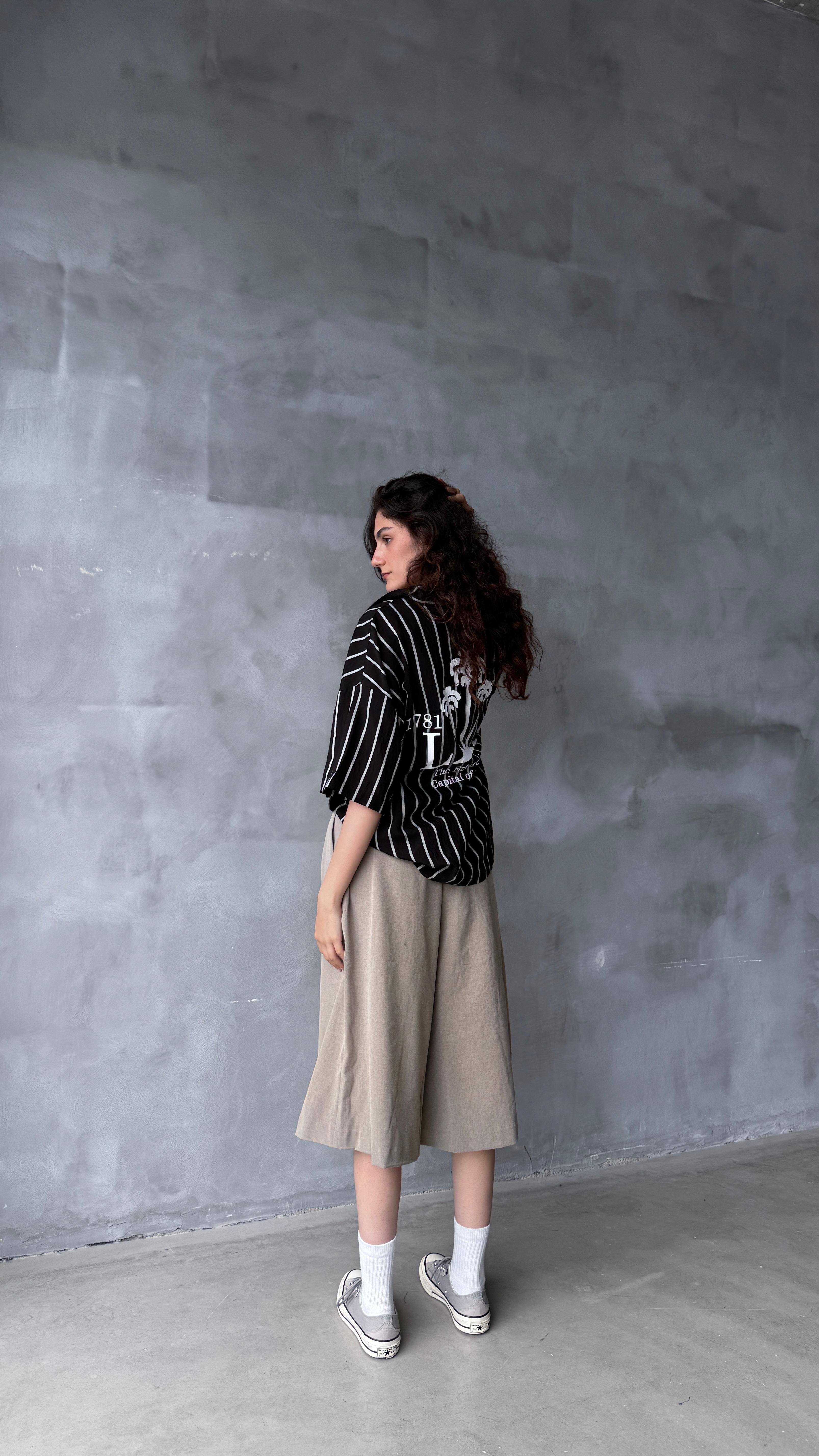 Siyah LA Çizgili Oversize Keten Gömlek