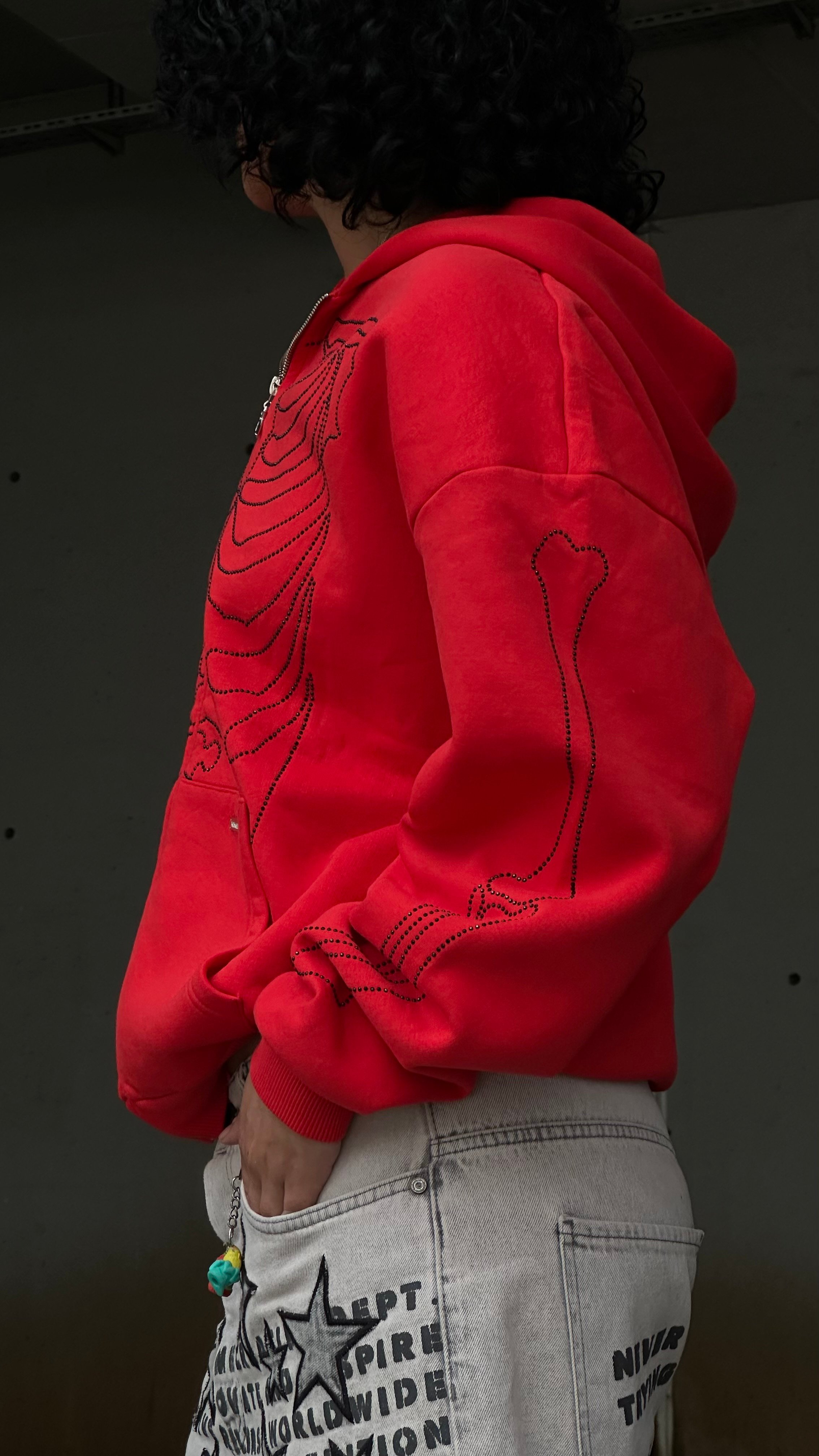 RW Red Skeleton Rhinestones Oversize Zipper Hoodie