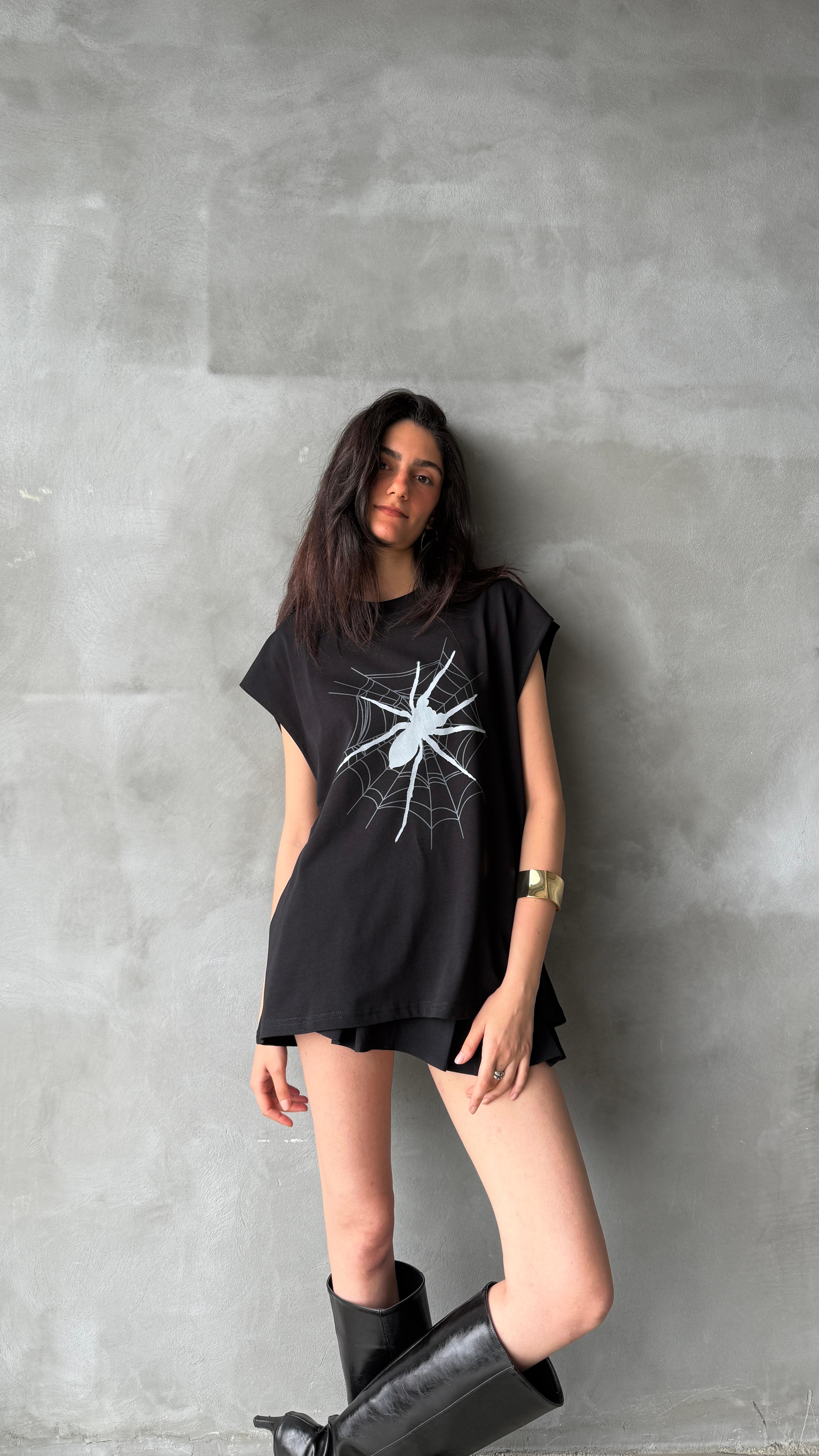 Spider Siyah Yarım Kol Oversize Tişört