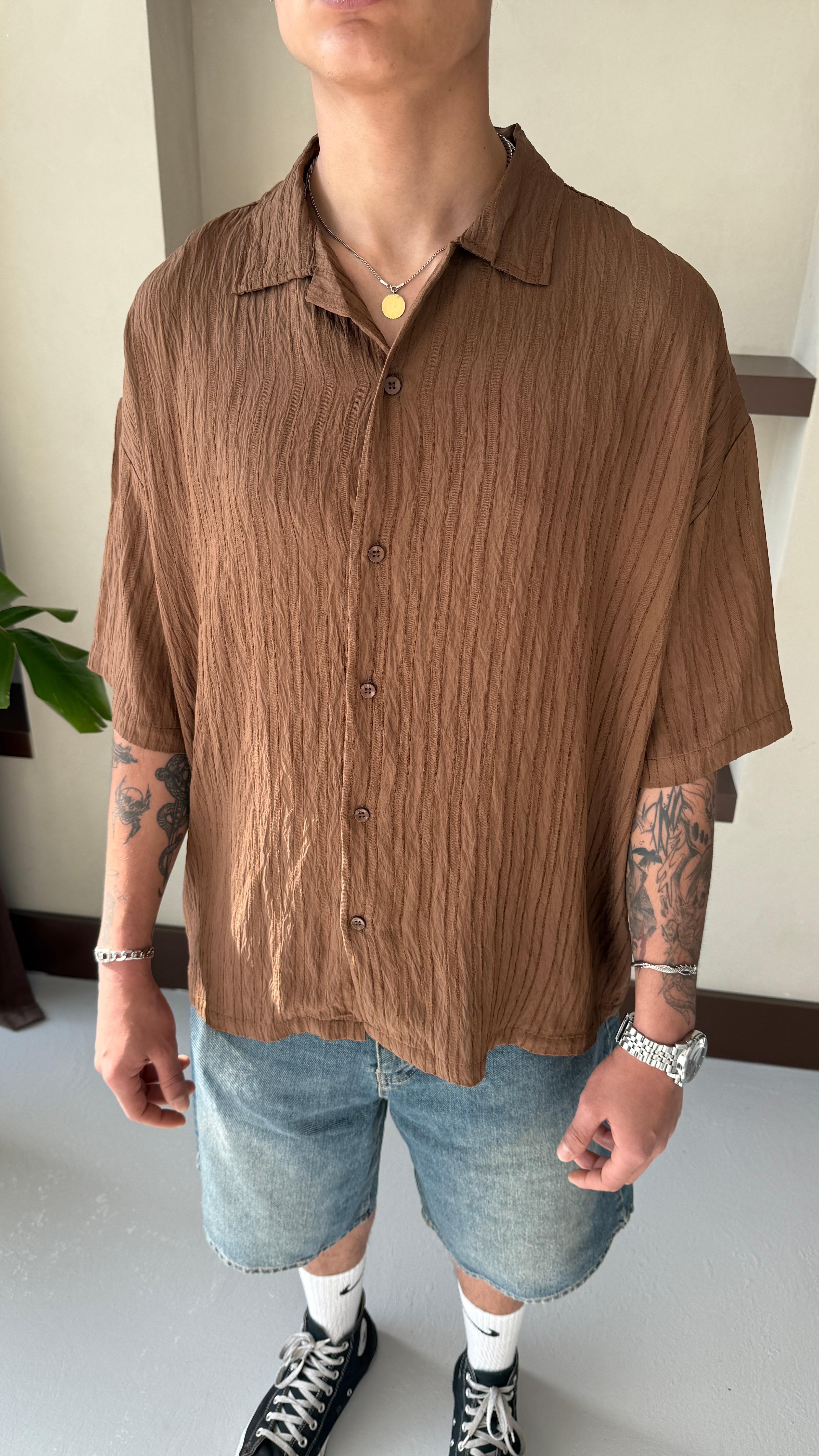 Kahve Basic Oversize Keten Gömlek