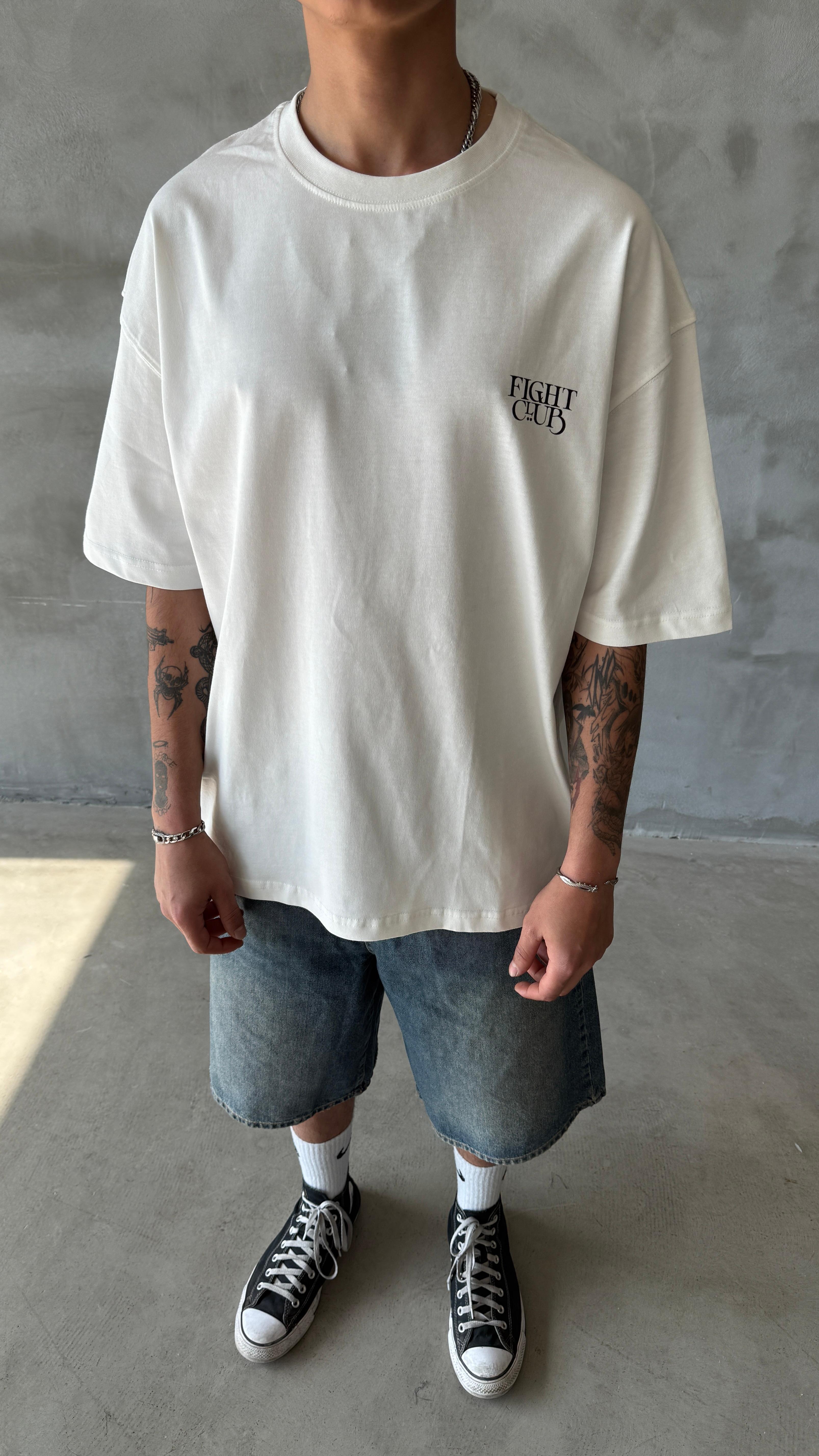 Beyaz Fight Club Oversize Tişört 