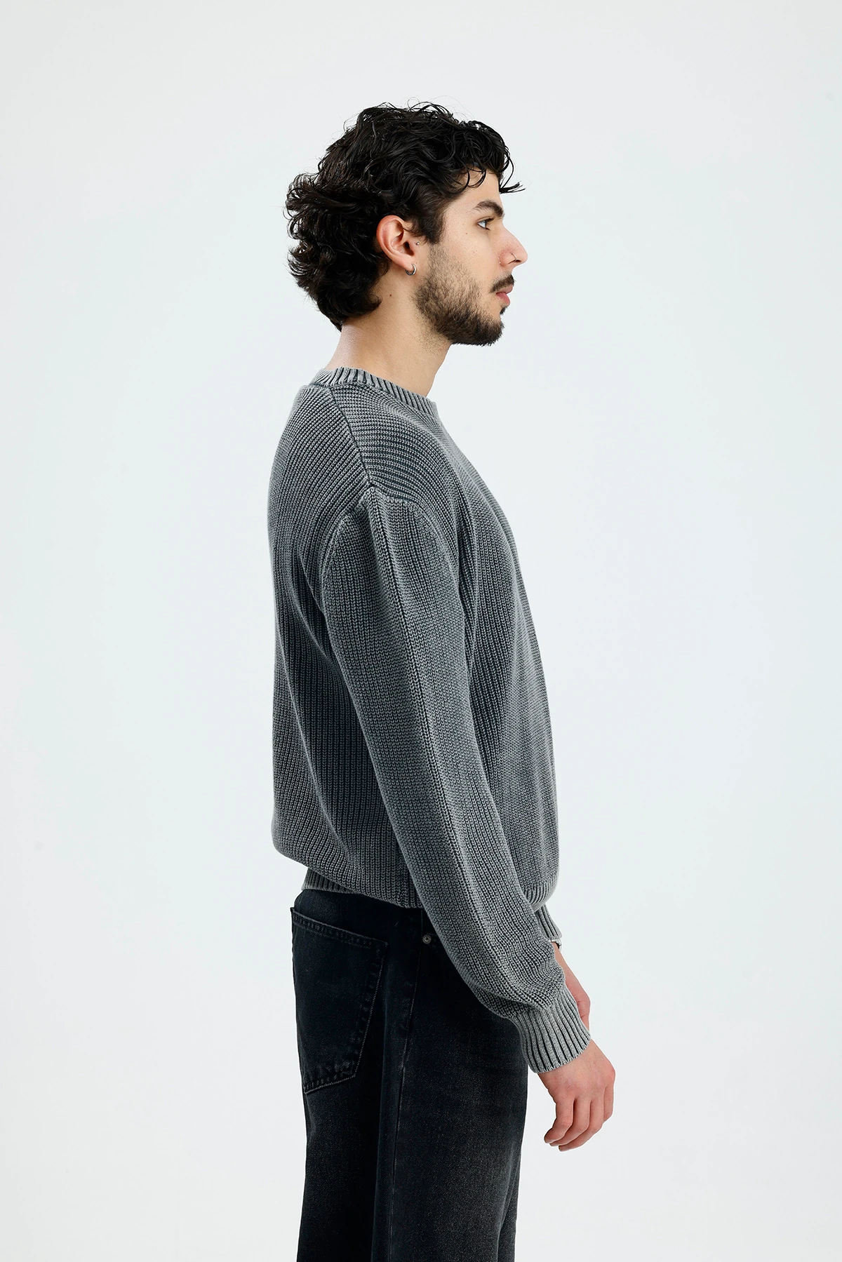 Basic Antrasit Yıkamalı Boxy Fit Oversize Örgü Kazak