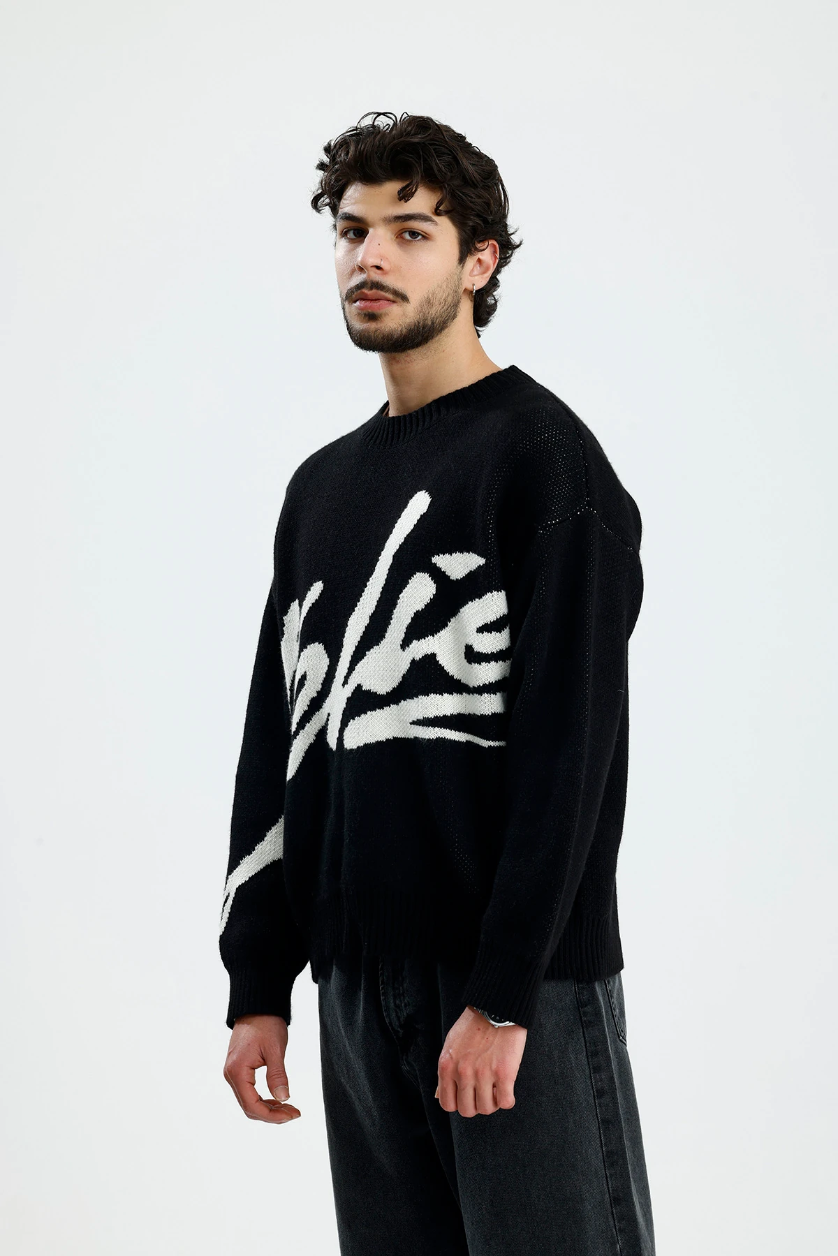 Siyah Steliez Premium Boxy Fit Oversize Triko Kazak