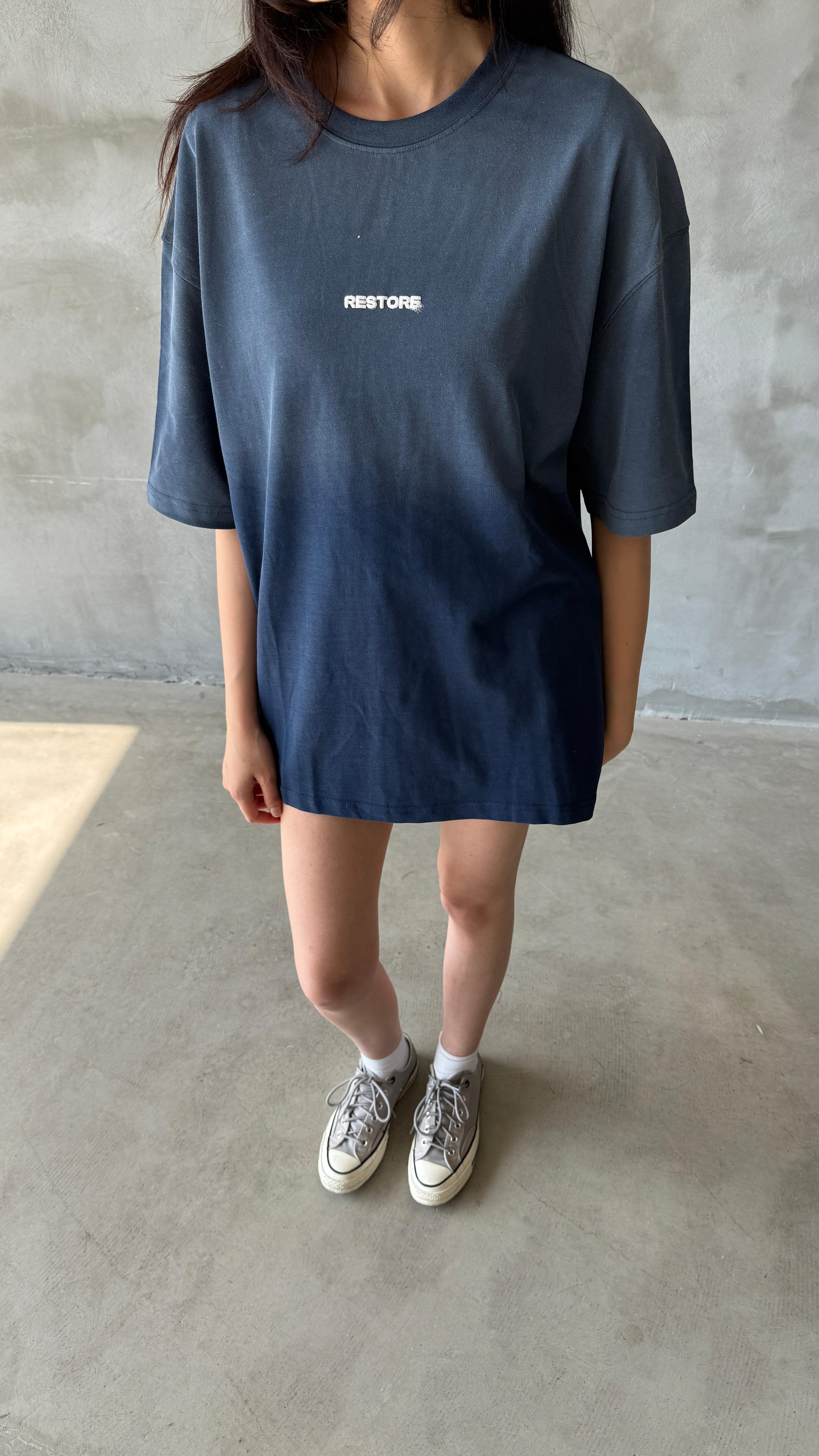 Lacivert Restore Yıkamalı Oversize Tişört 