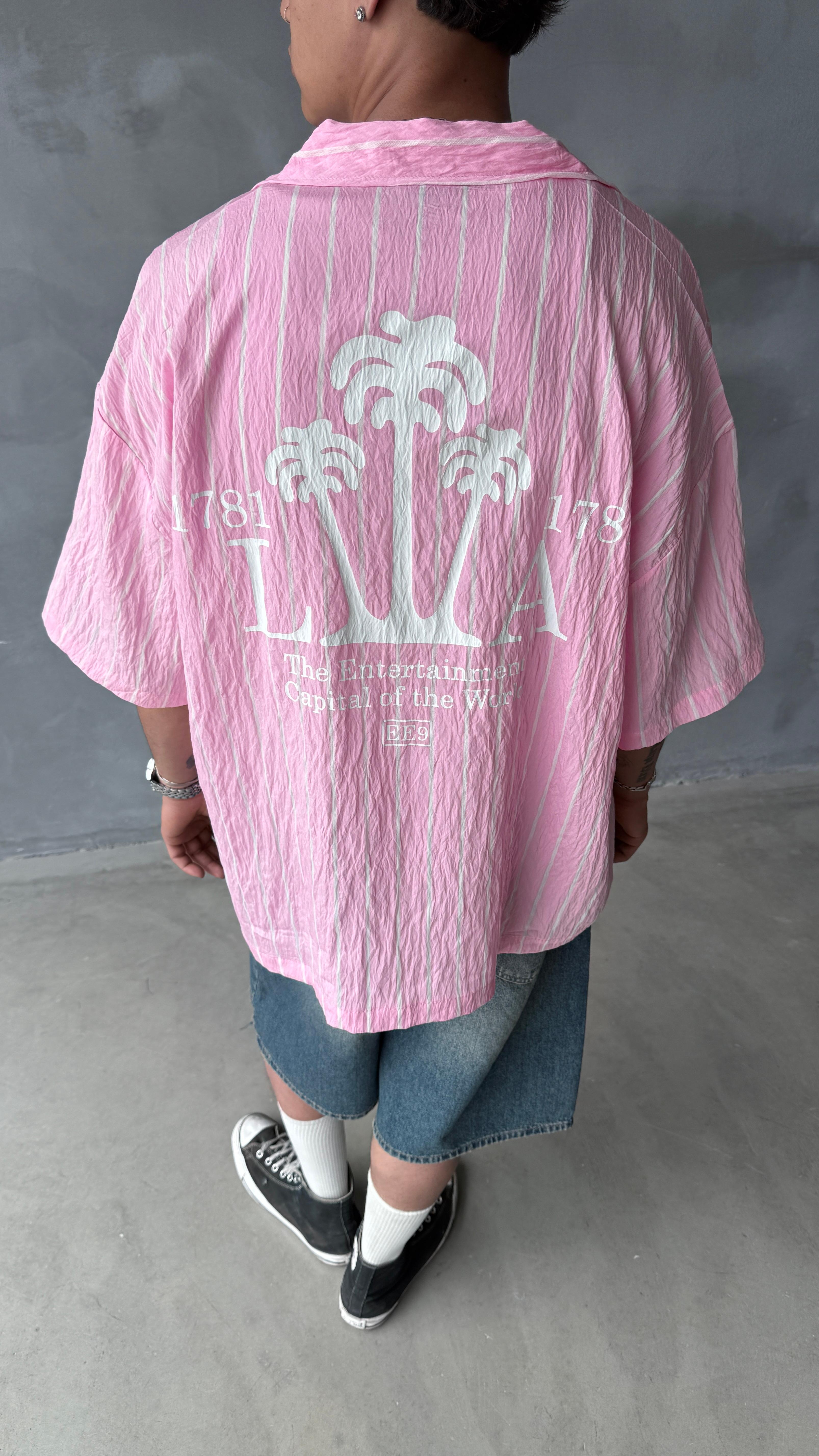 Pembe LA Çizgili Oversize Keten Gömlek