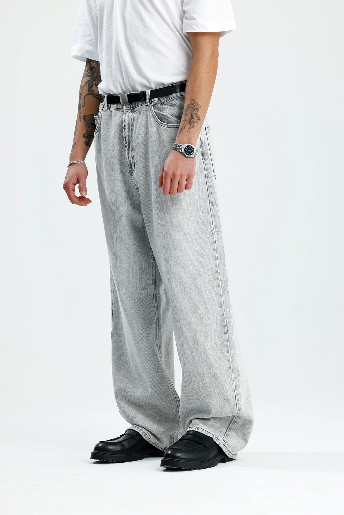 Açık Gri Yıkamalı Premium Baggy Jean