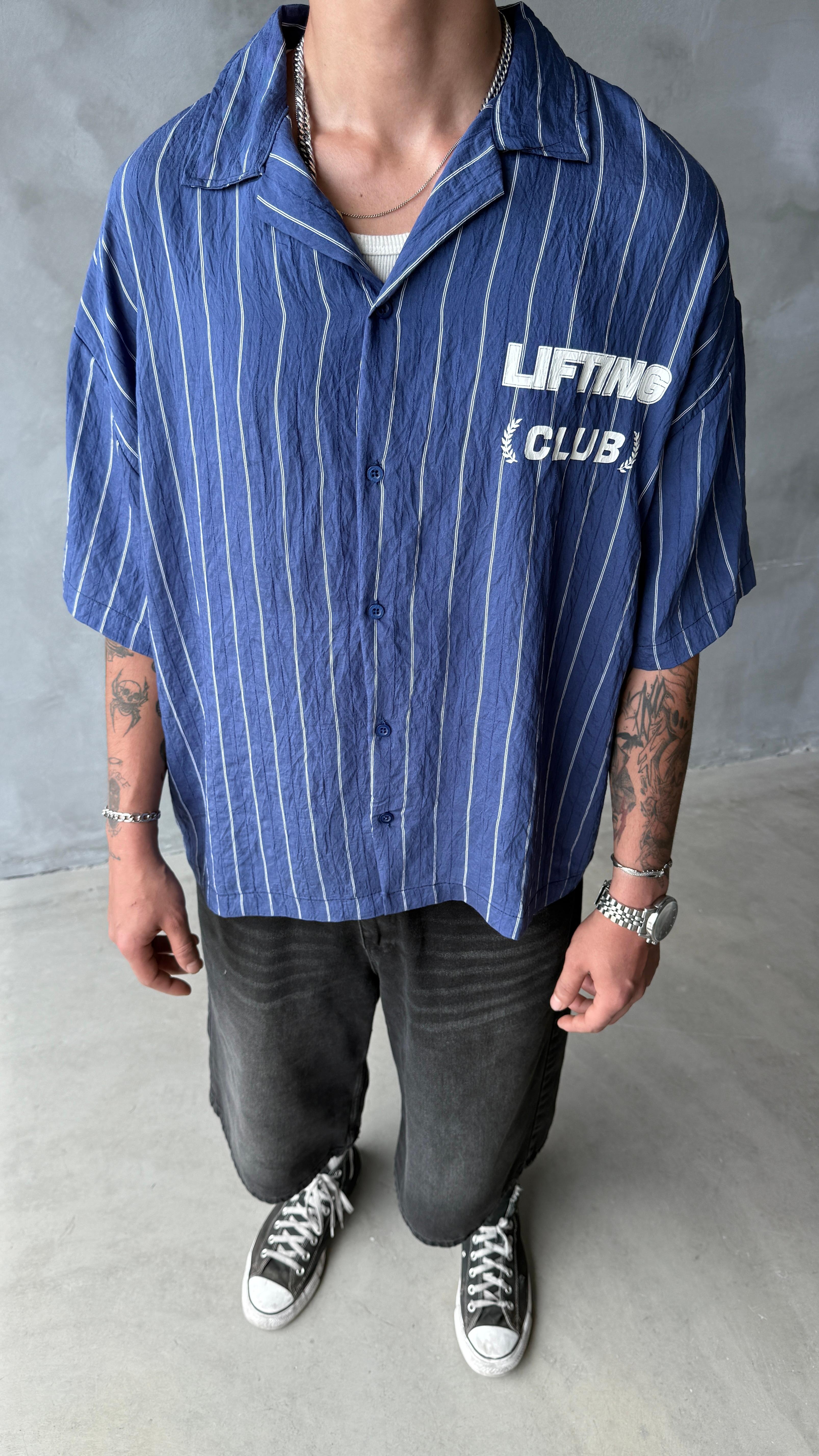 Lacivert Lifting Club Oversize Keten Gömlek 
