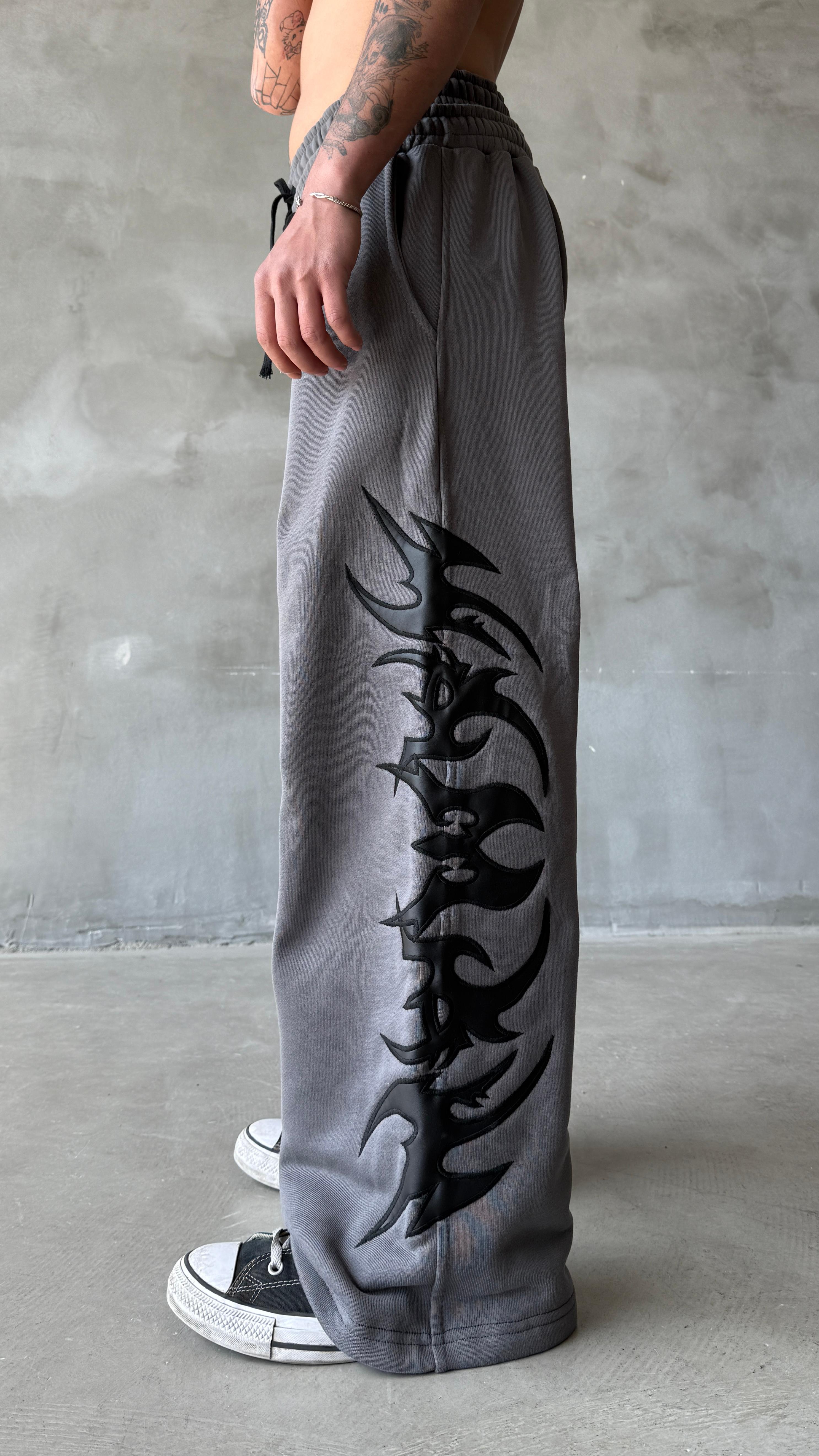 Gri Tribal Yıkamalı Deri Detay Double Waist Premium Baggy Sweatpant