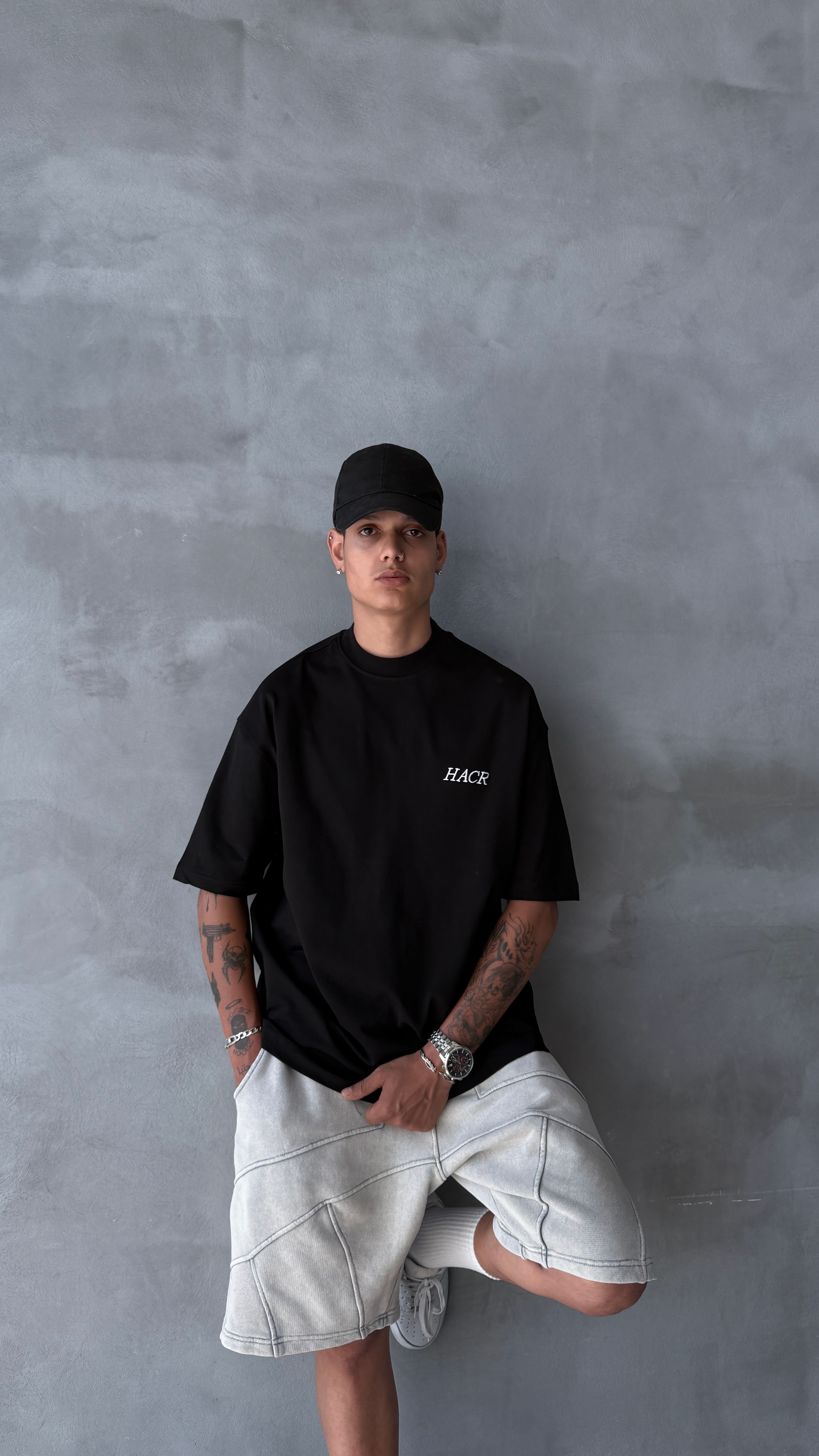 Siyah HACR Nakış Detay Premium Oversize Tişört 