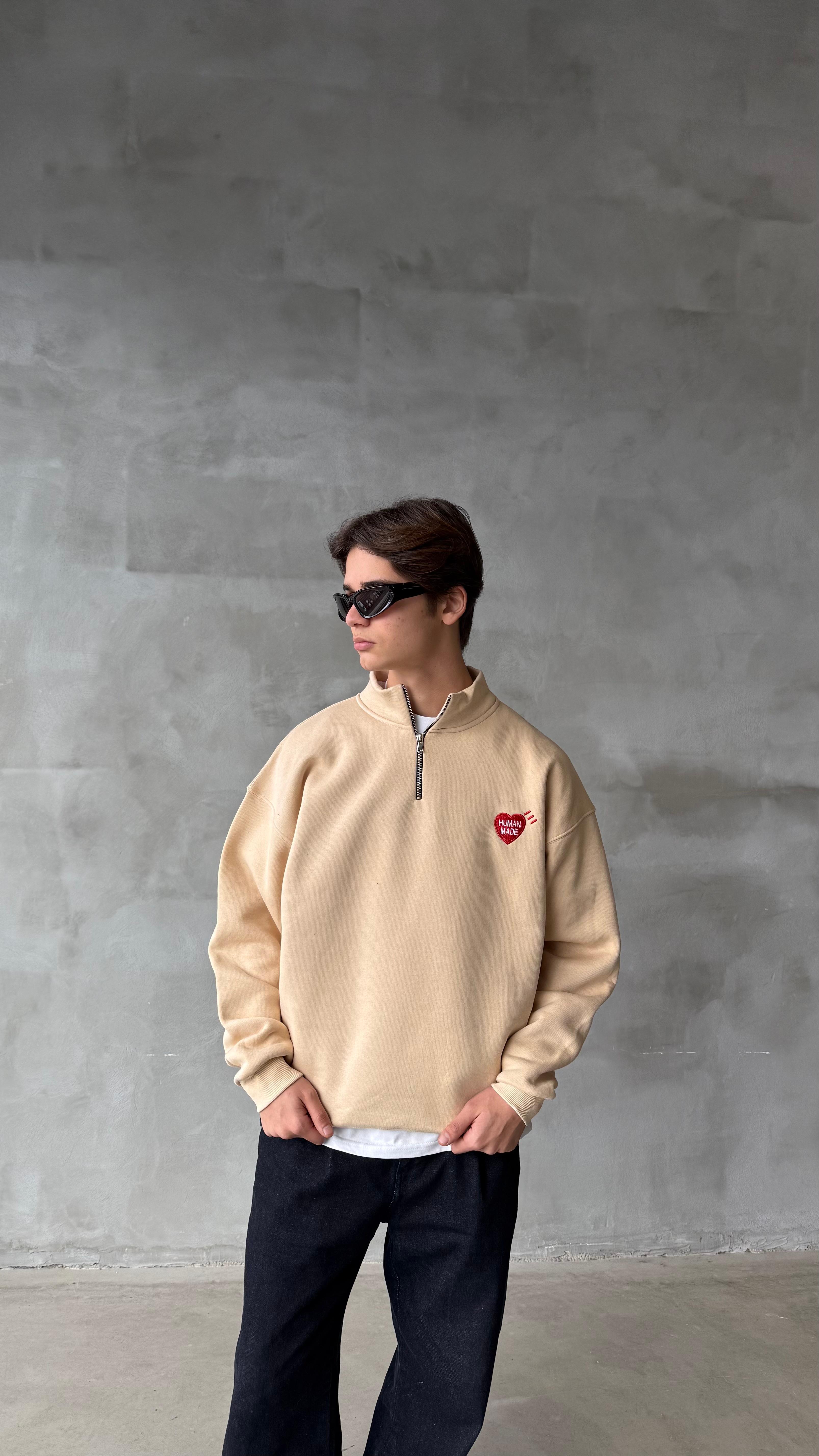 Krem Nakış İşlemeli Fermuarlı Oversize Sweatshirt