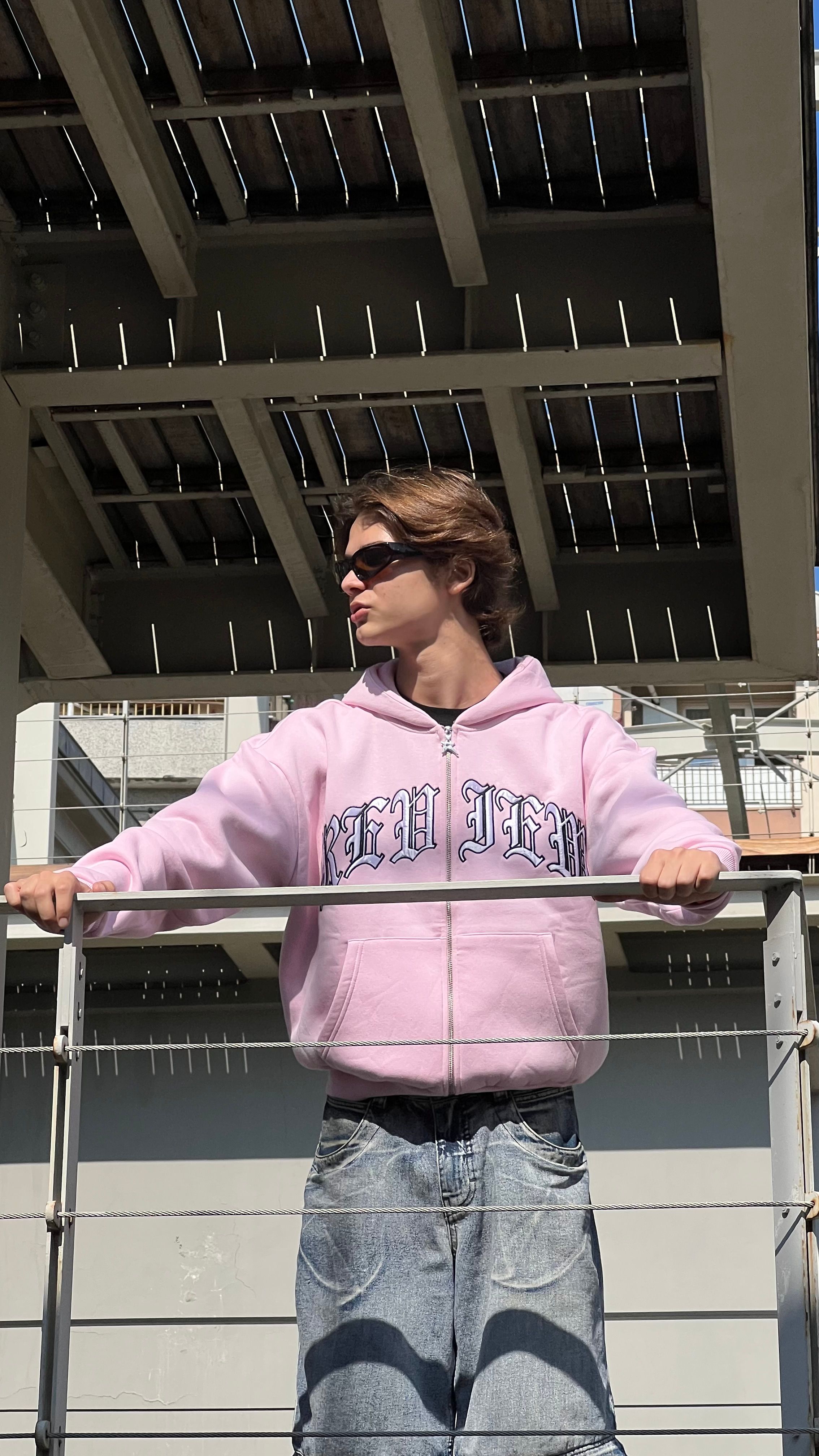 RW Baby Pink Nakış İşlemeli Oversize Zipper Hoodie 