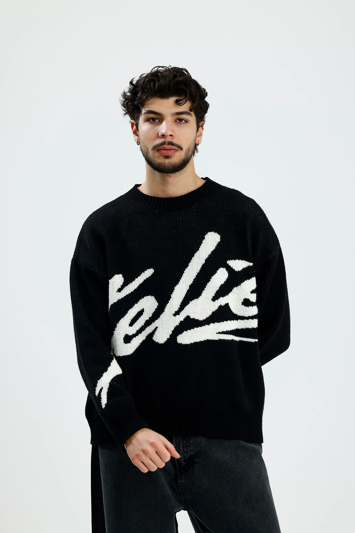 Siyah Steliez Premium Boxy Fit Oversize Triko Kazak