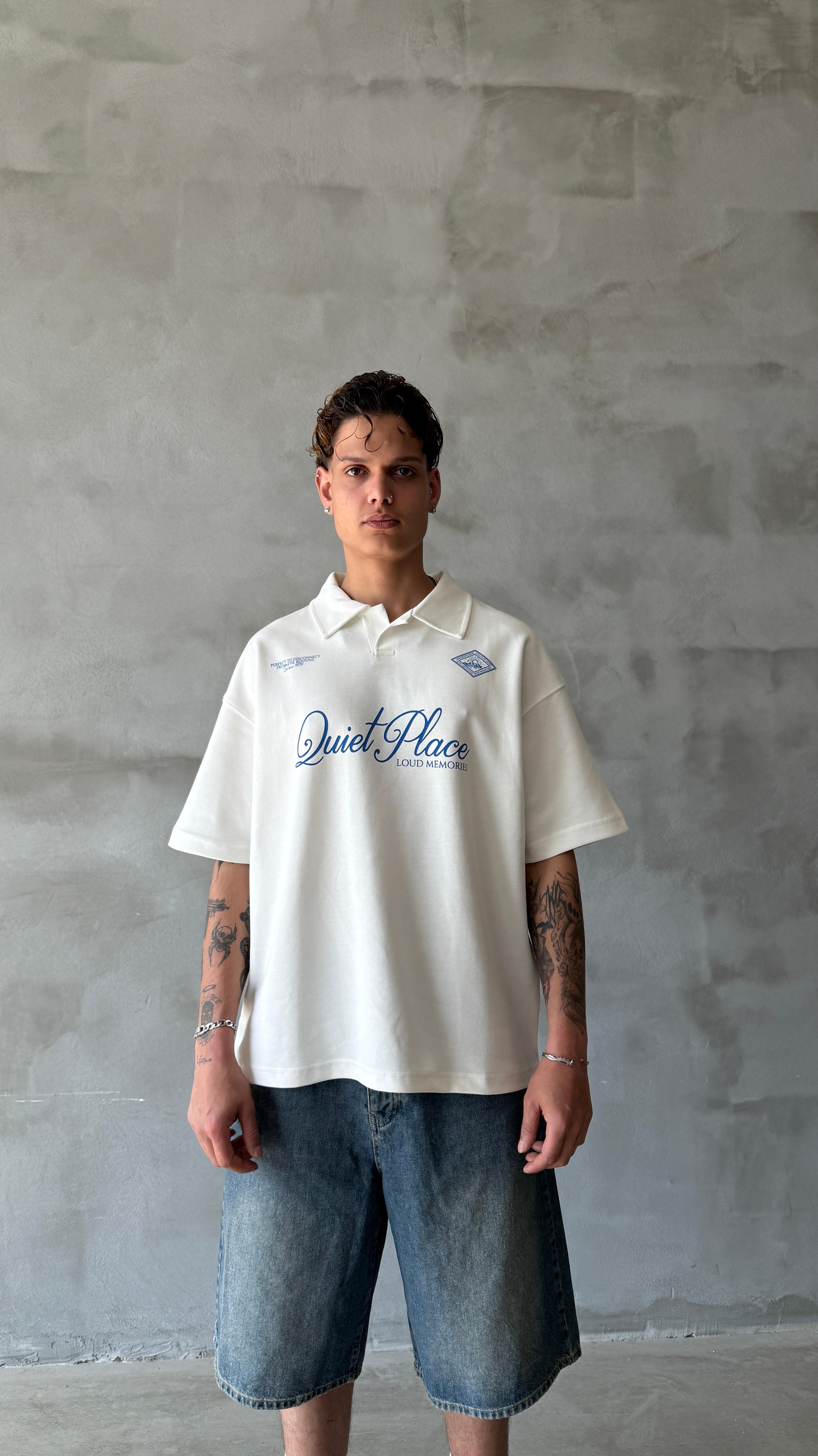 Beyaz Quite Palace Polo Yaka Oversize Tişört 