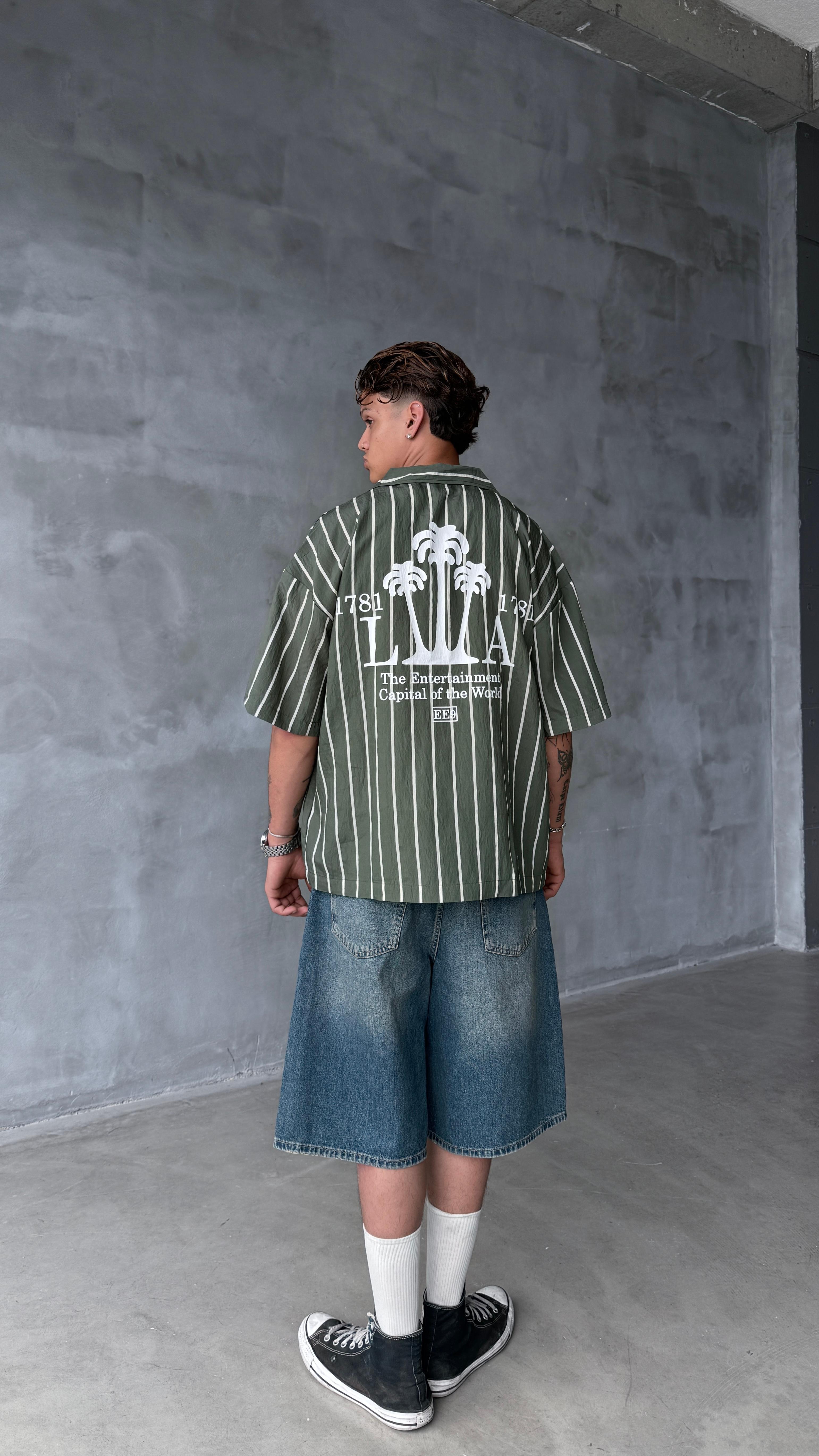 Haki LA Çizgili Oversize Keten Gömlek 