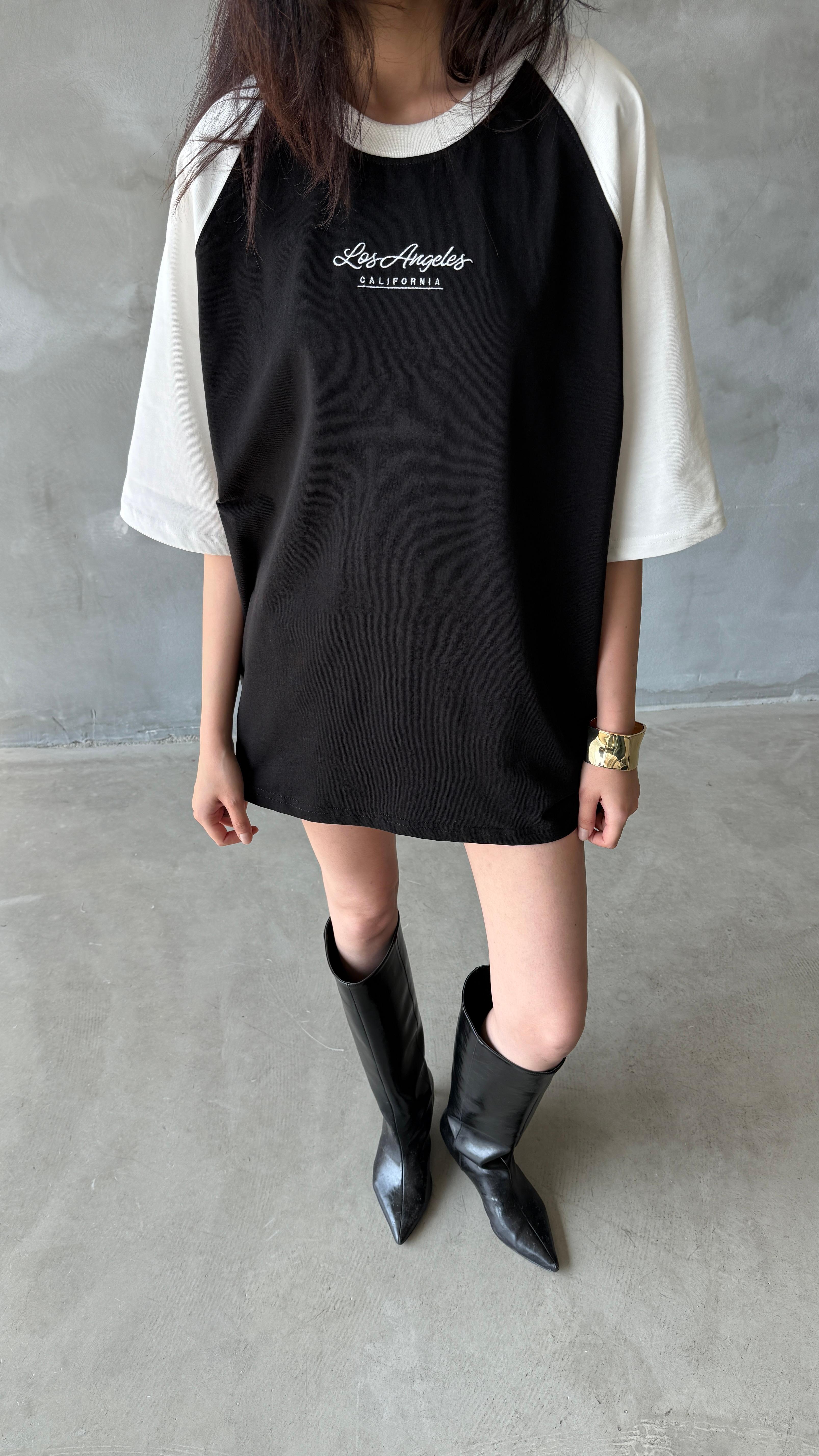 Los Angeles Siyah Reglan Kol Oversize Tişört 