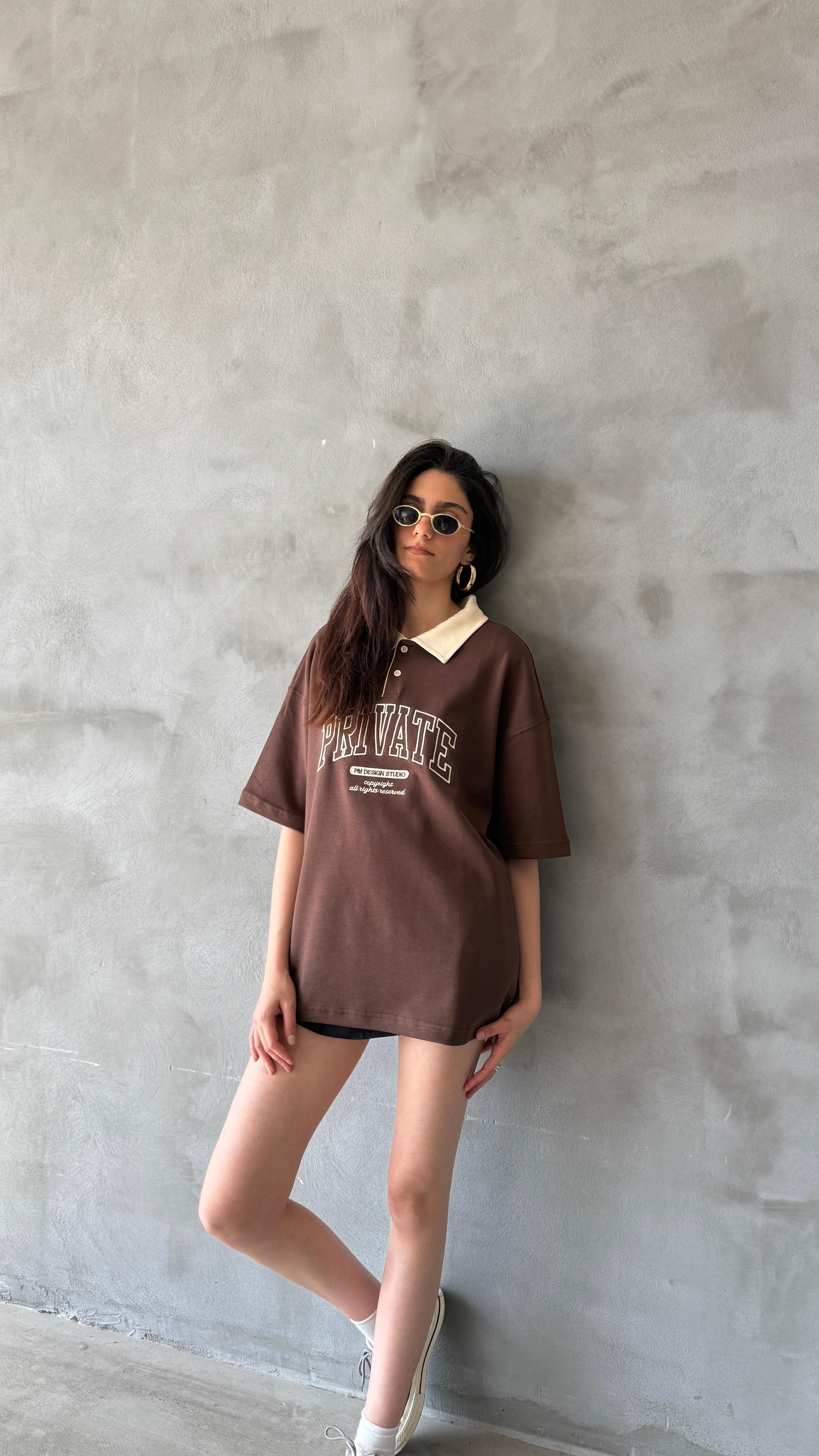 Kahve Private Polo Yaka Oversize Tişört 