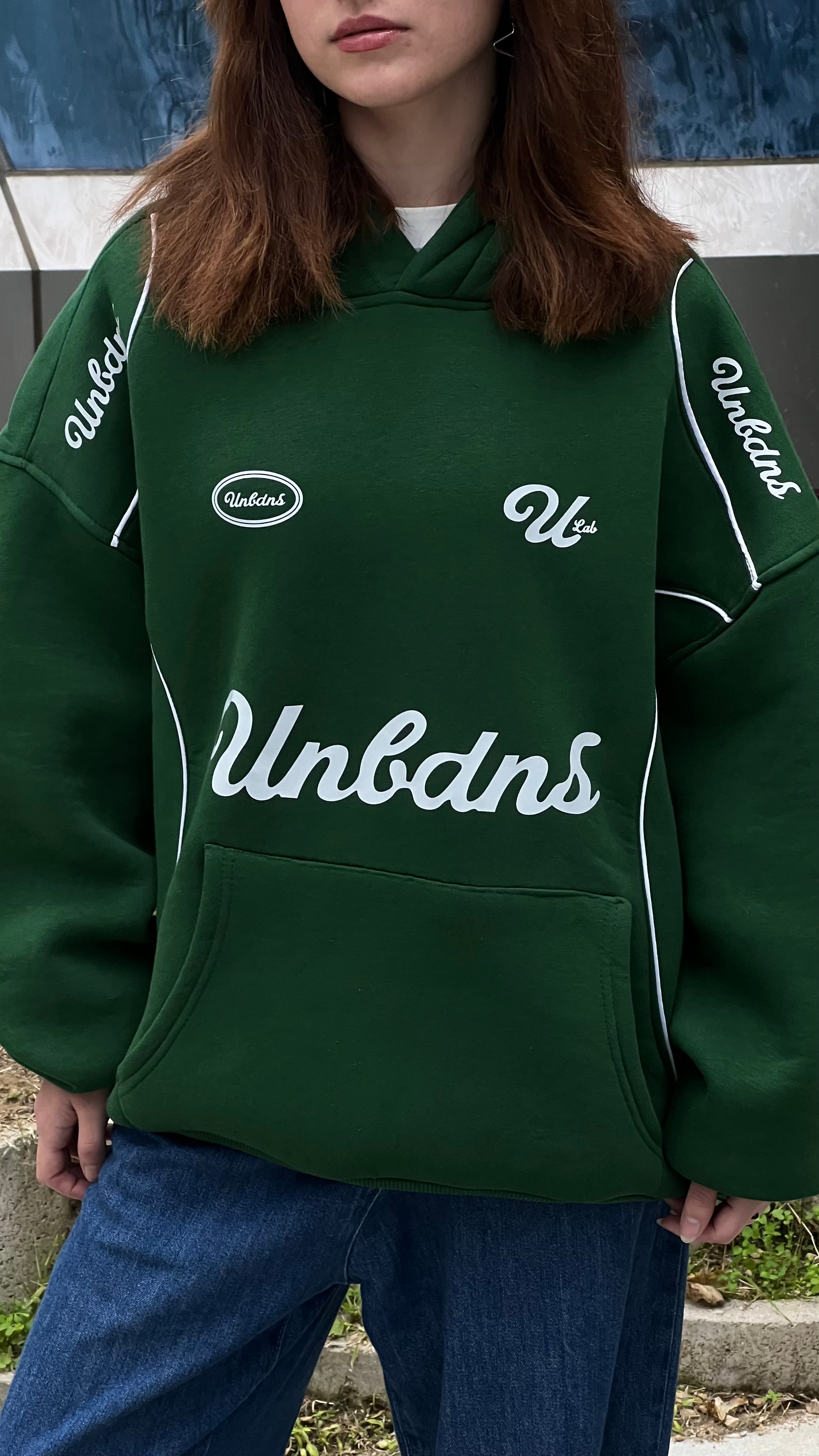 Unldns Koyu Yeşil Şerit Detay Oversize Hoodie 