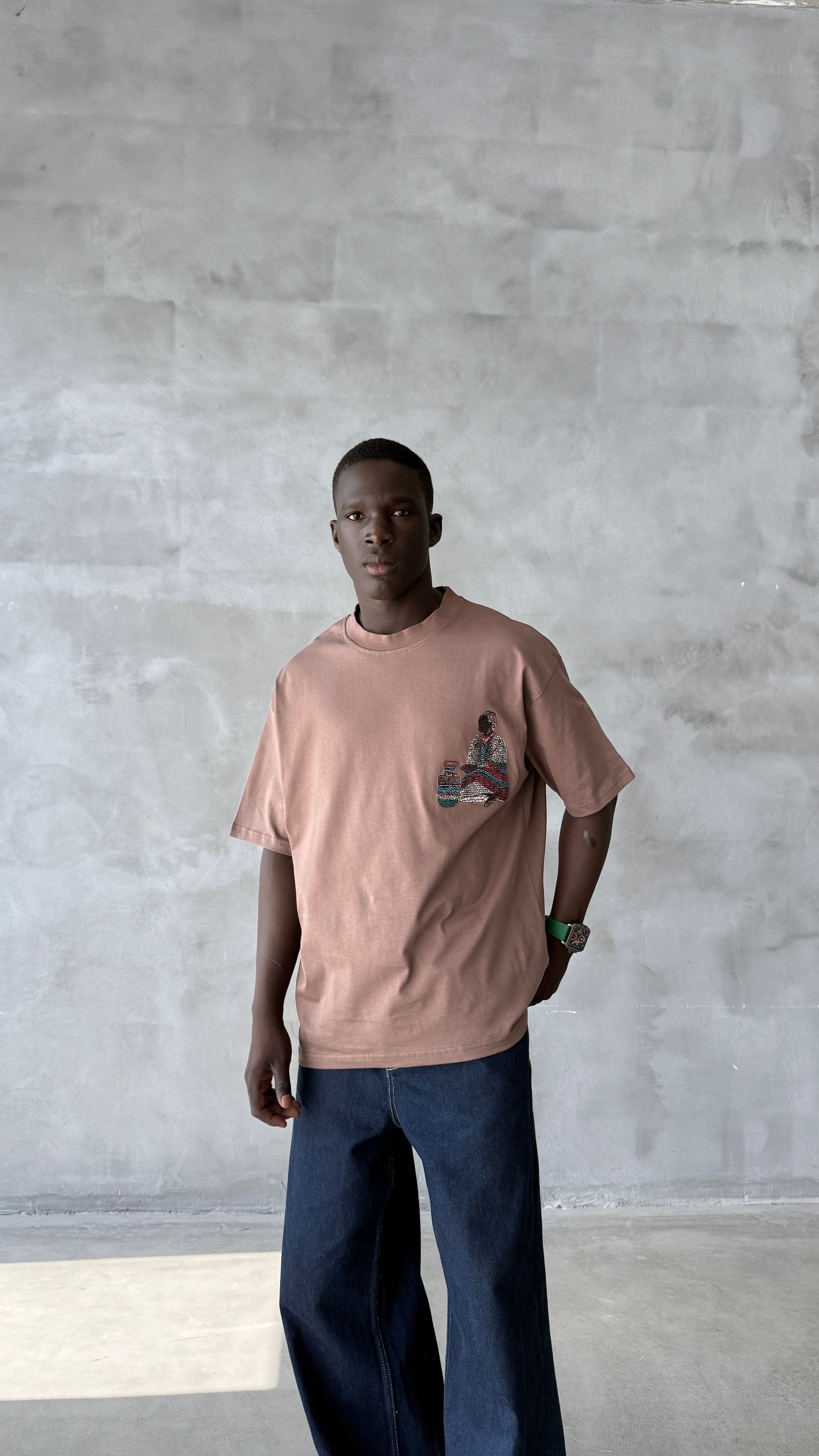 Kahve Arabic Nakış İşlemeli Oversize Tişört 