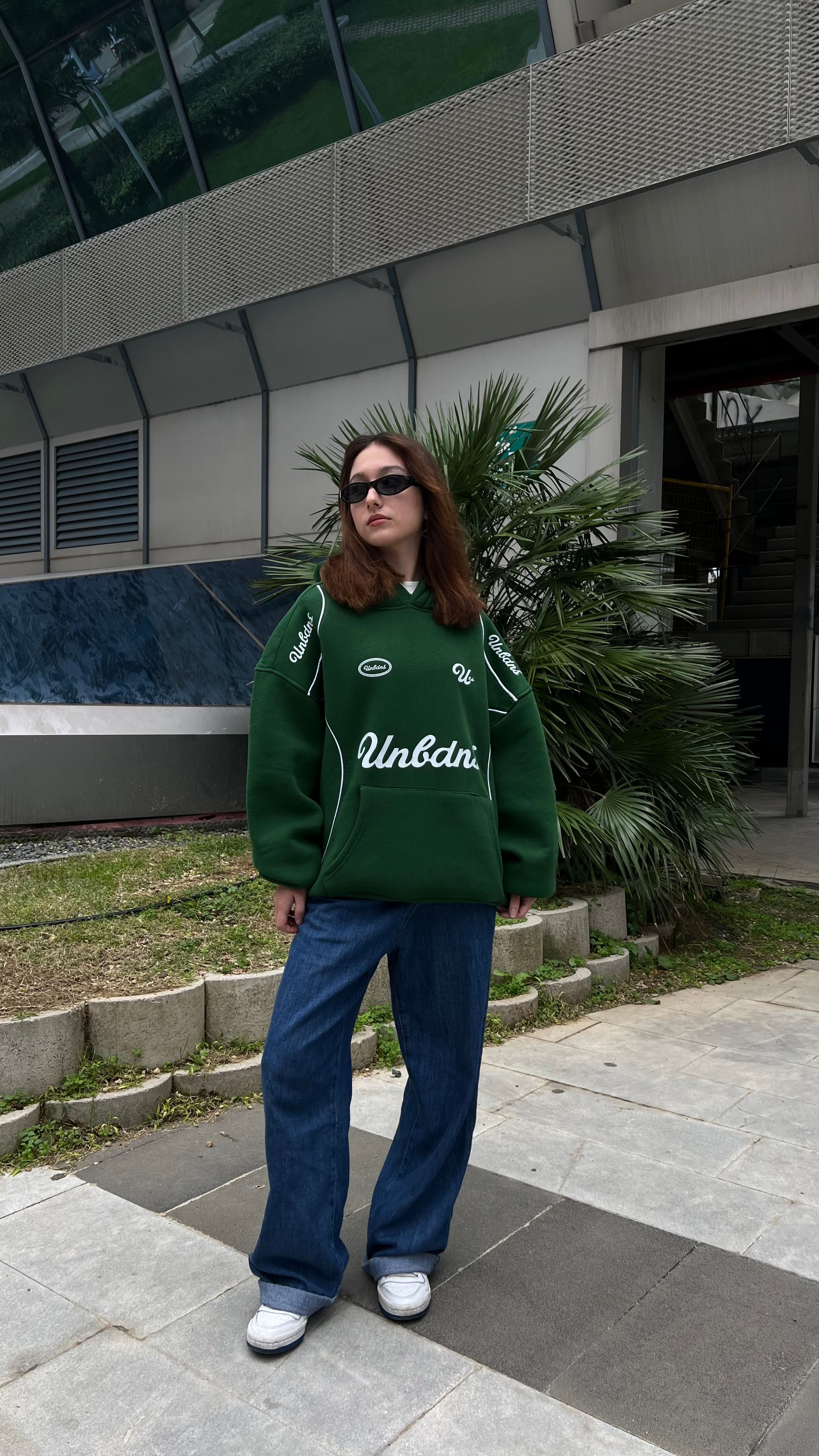 Unldns Koyu Yeşil Şerit Detay Oversize Hoodie 