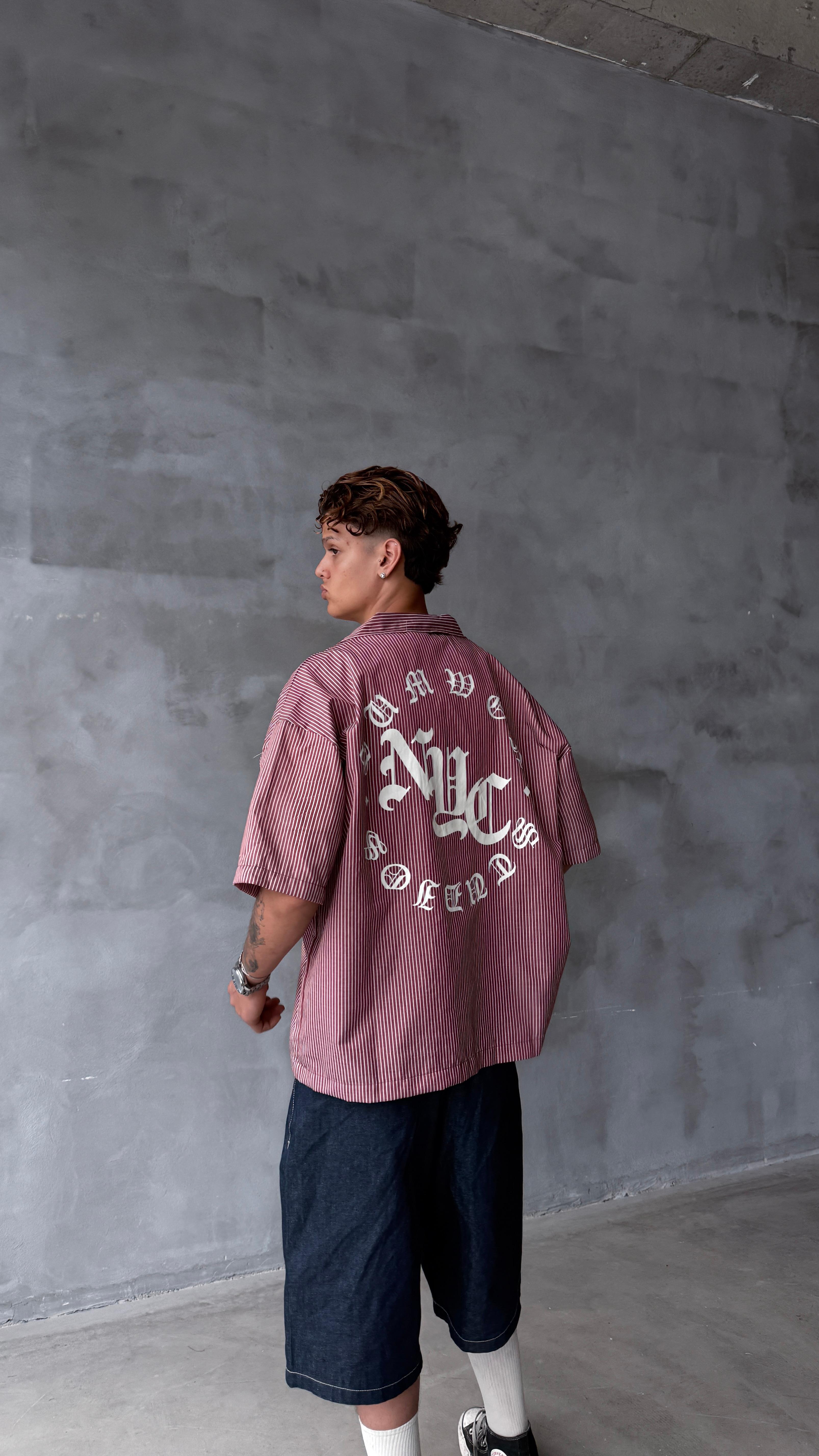 Bordo NYC Çizgili Oversize Gömlek 