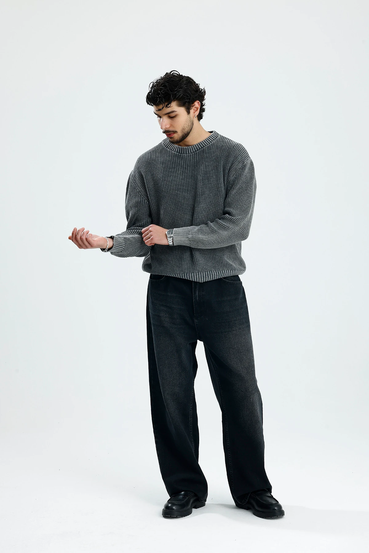 Basic Antrasit Yıkamalı Boxy Fit Oversize Örgü Kazak